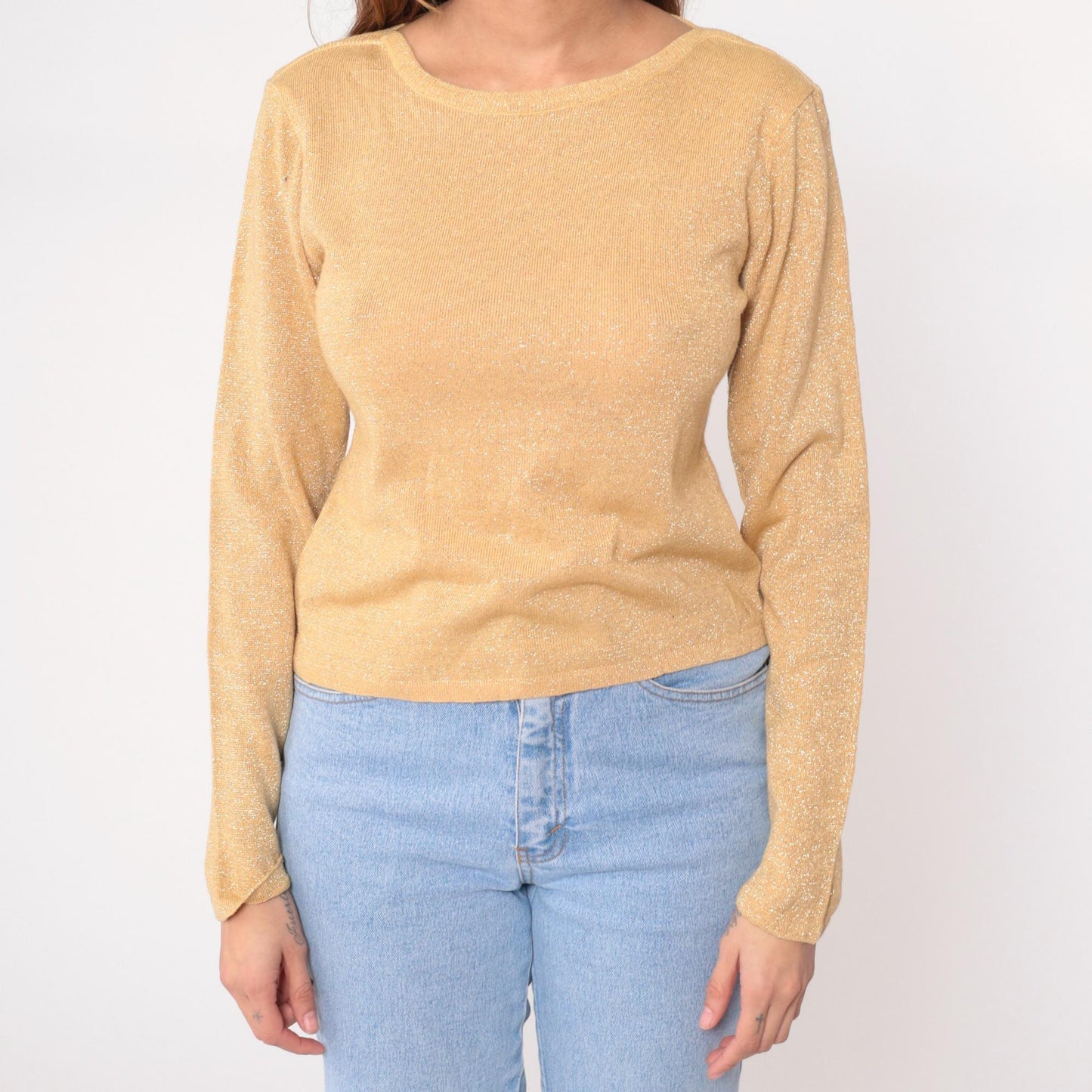 90s Newport News Gold Metallic Sweater Shimmer Knit Small S