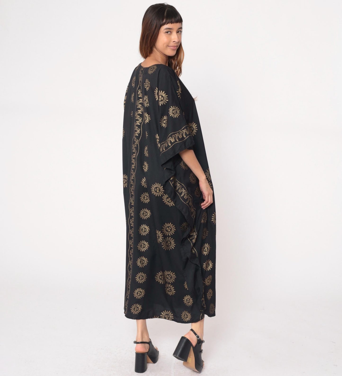 Y2K Black Caftan Sun Yin-Yang Gold Embroidered Kimono Maxi Dress One Size