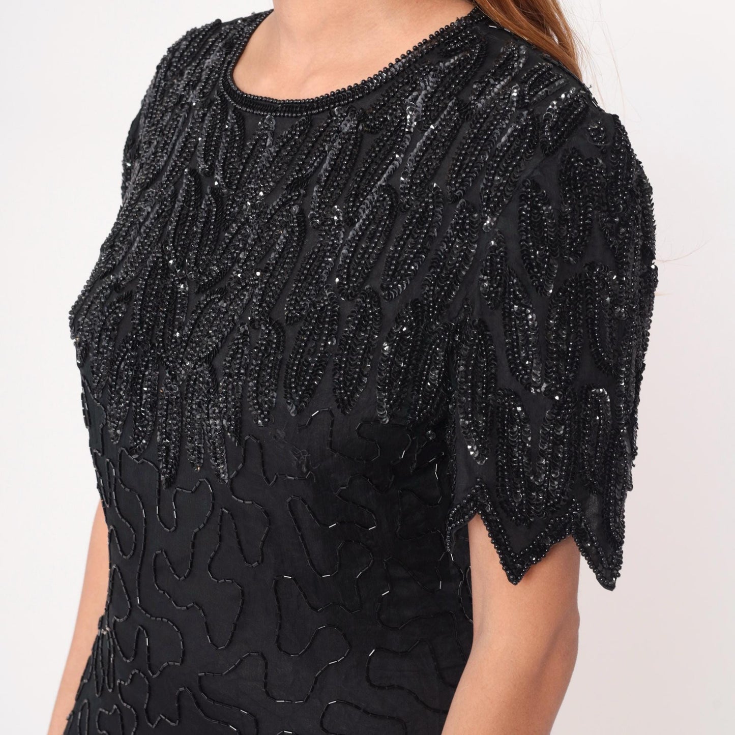 90s Laurence Kazar Black Beaded Silk Cocktail Dress Knee-Length Medium M