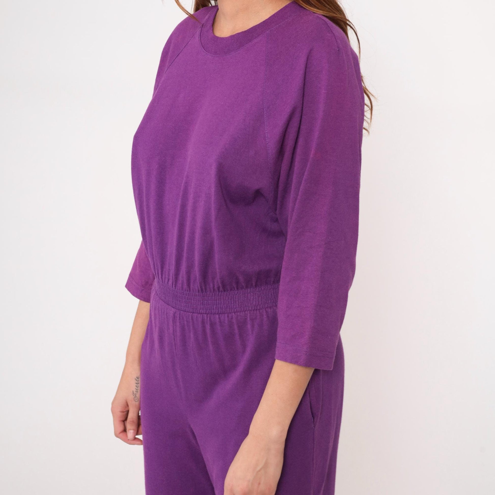 90s Purple Jumpsuit Cotton Raglan Crew Neck Tapered Ankle Medium M