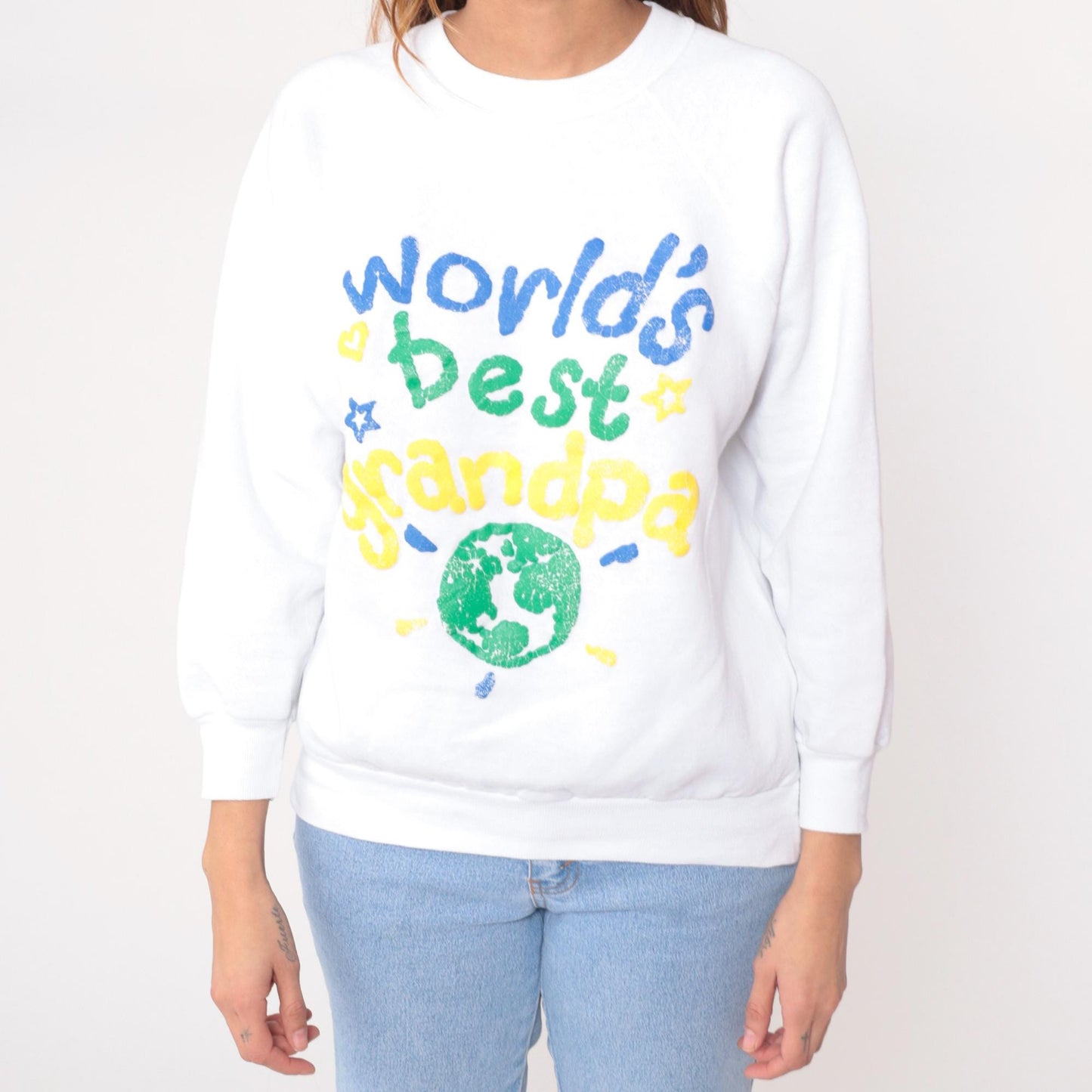 90s Hanes World's Best Grandpa Sweatshirt White Graphic Globe Large L