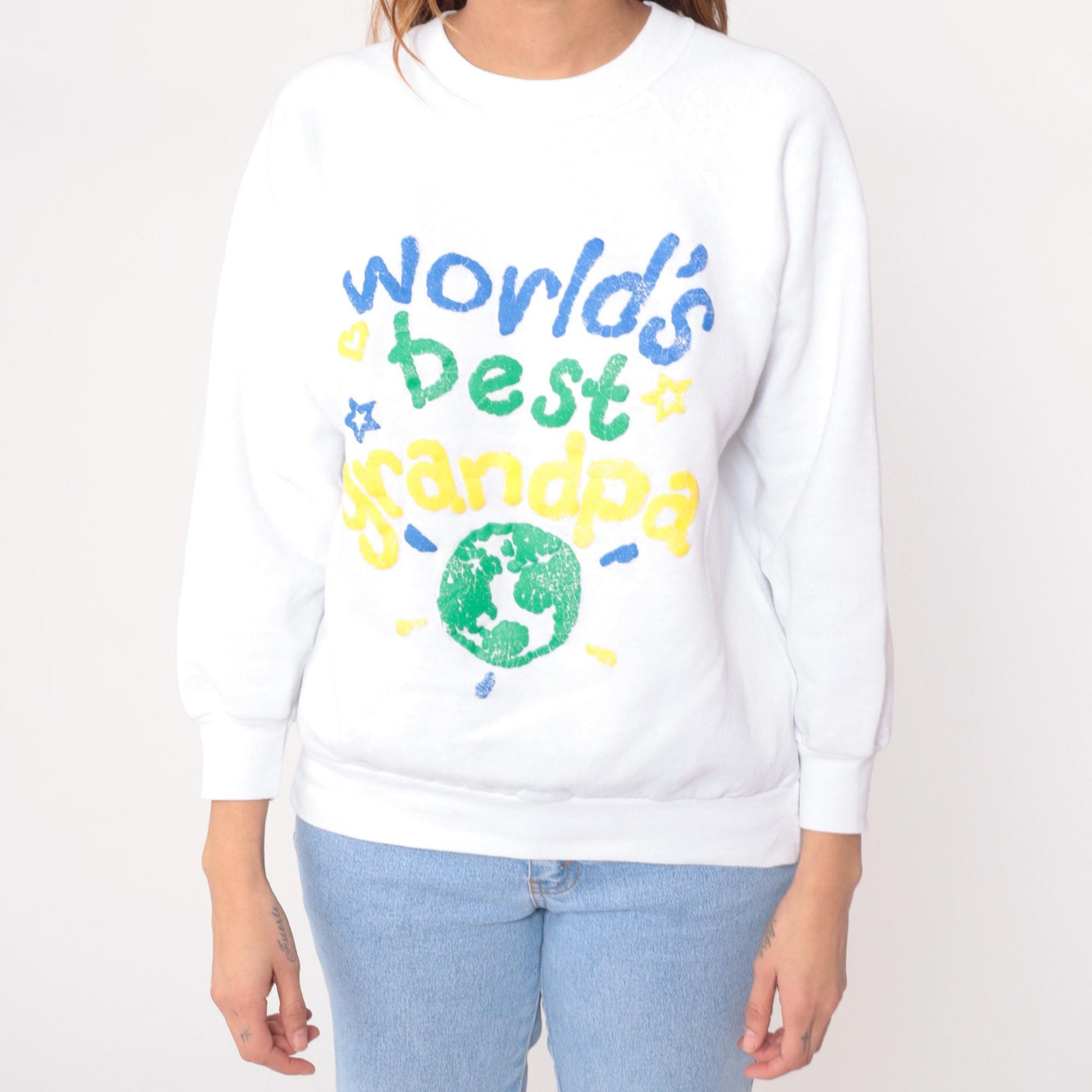 90s Hanes World's Best Grandpa Sweatshirt White Graphic Globe Large L