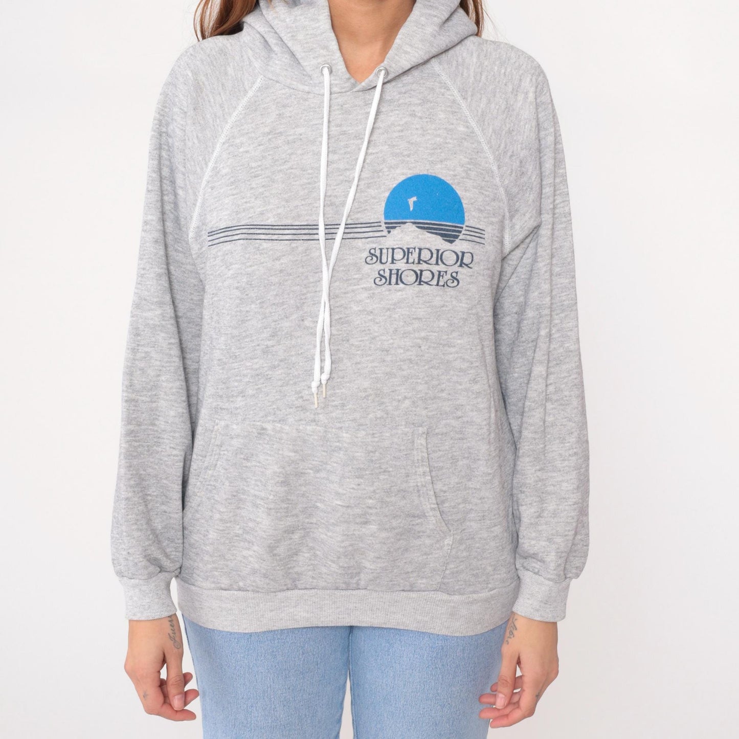 90s Superior Shores Hoodie Grey Cotton Graphic Pullover Kangaroo Pocket Large L