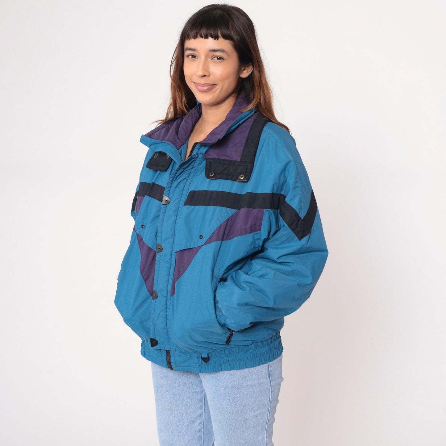 90s Skitique Colorblock Ski Jacket Light Blue Black Purple Hooded Puffer Medium