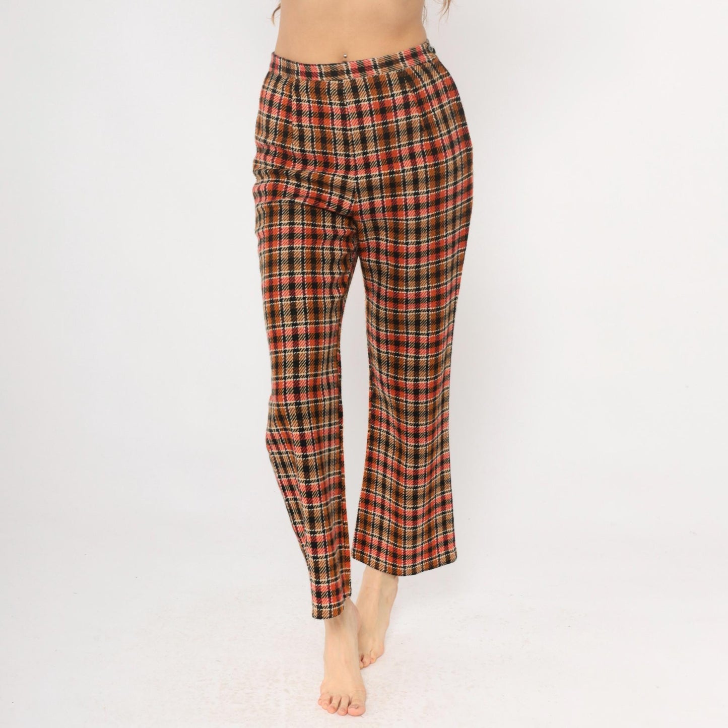 70s Plaid Wide Leg Trousers High Waisted Orange Brown Black Houndstooth Small