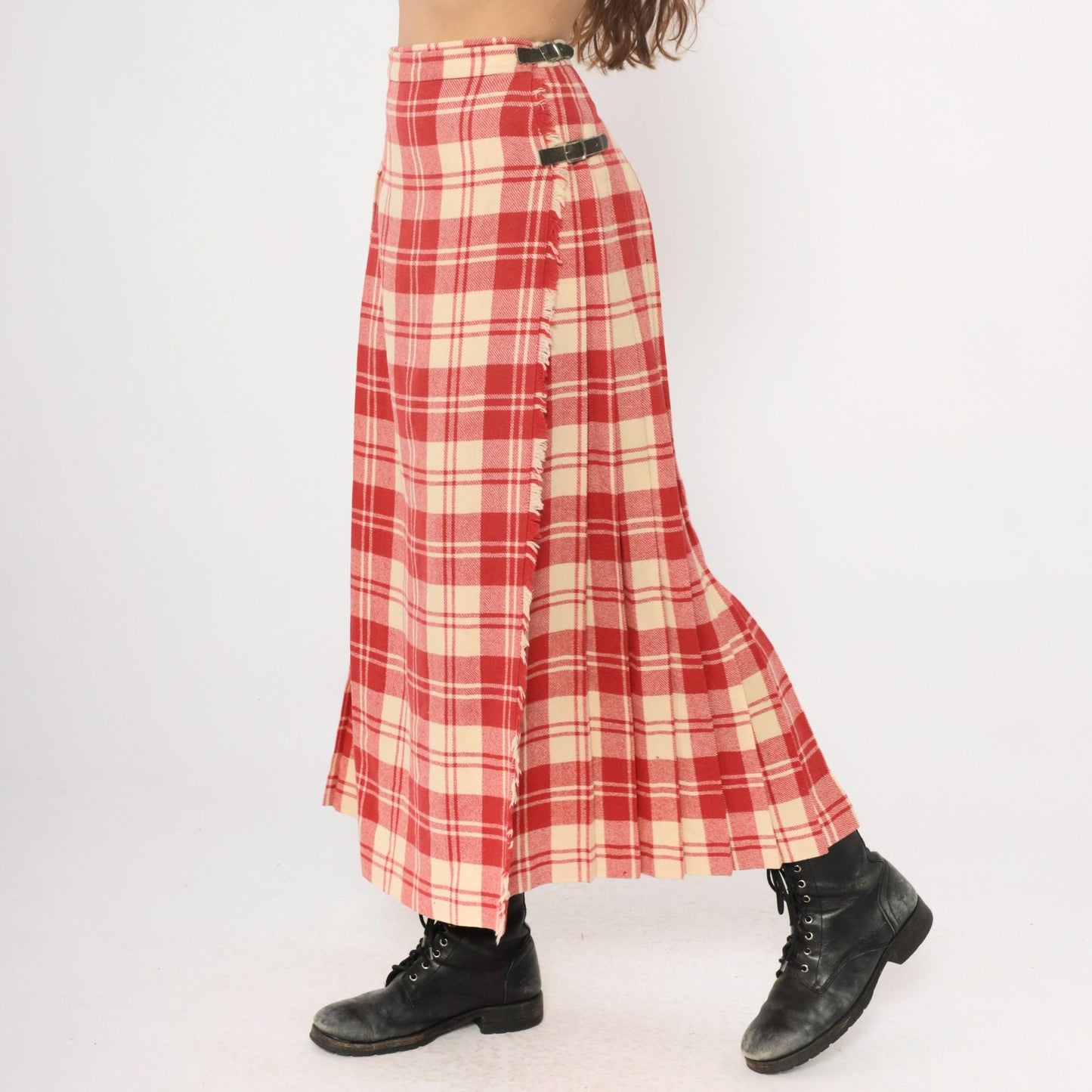70s Laird Portch Tartan Wool Kilt Skirt Red Cream Pleated Wrap Small Medium