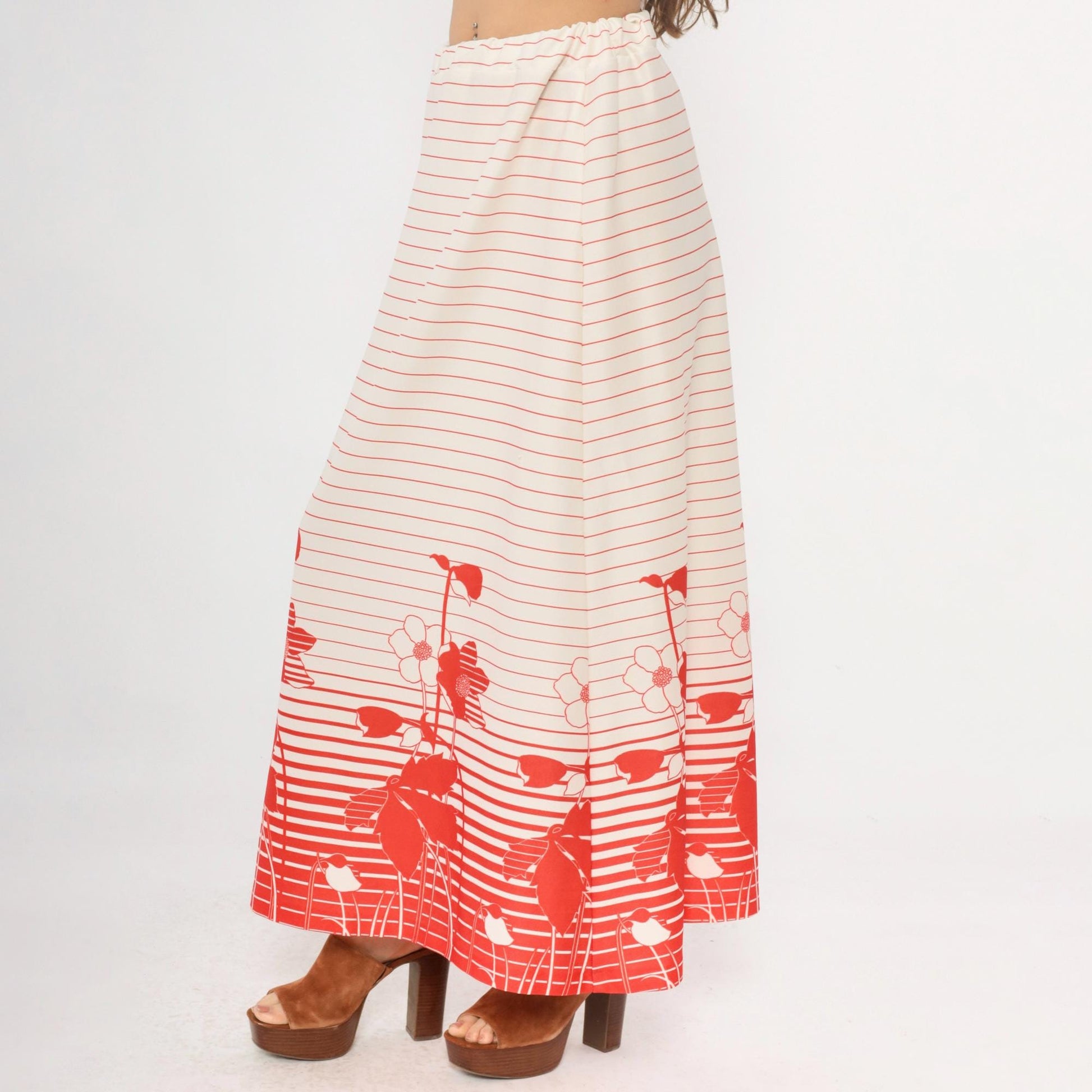 70s Floral Striped Maxi Skirt Red White Cream Elastic Waist A-Line Medium