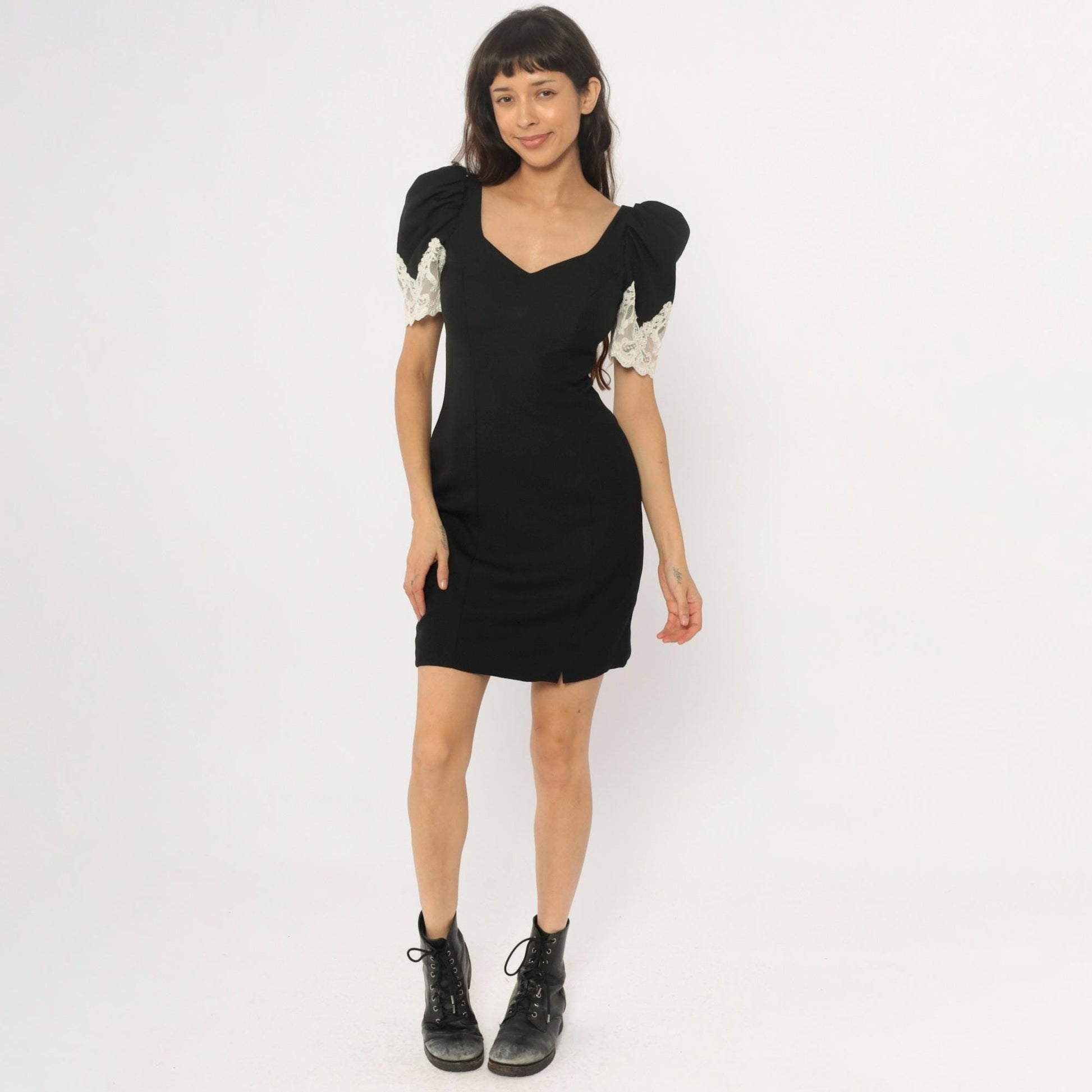90s Alfred Angelo Black Mini Dress White Lace Puff Sleeves Small S