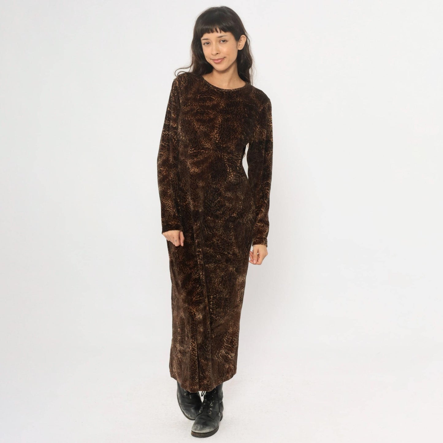 90s Jones New York Leopard Print Maxi Dress Long Sleeve Brown Medium M