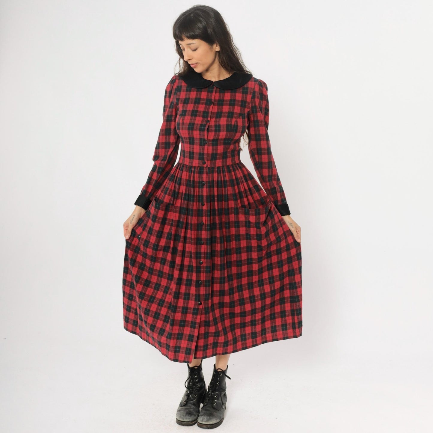 90s St Simon Red Black Plaid Midi Dress Peter Pan Collar Small S