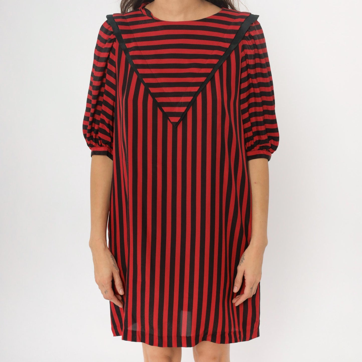 90s Liz Claiborne Striped Shift Dress Red Black Puff Sleeves Medium M