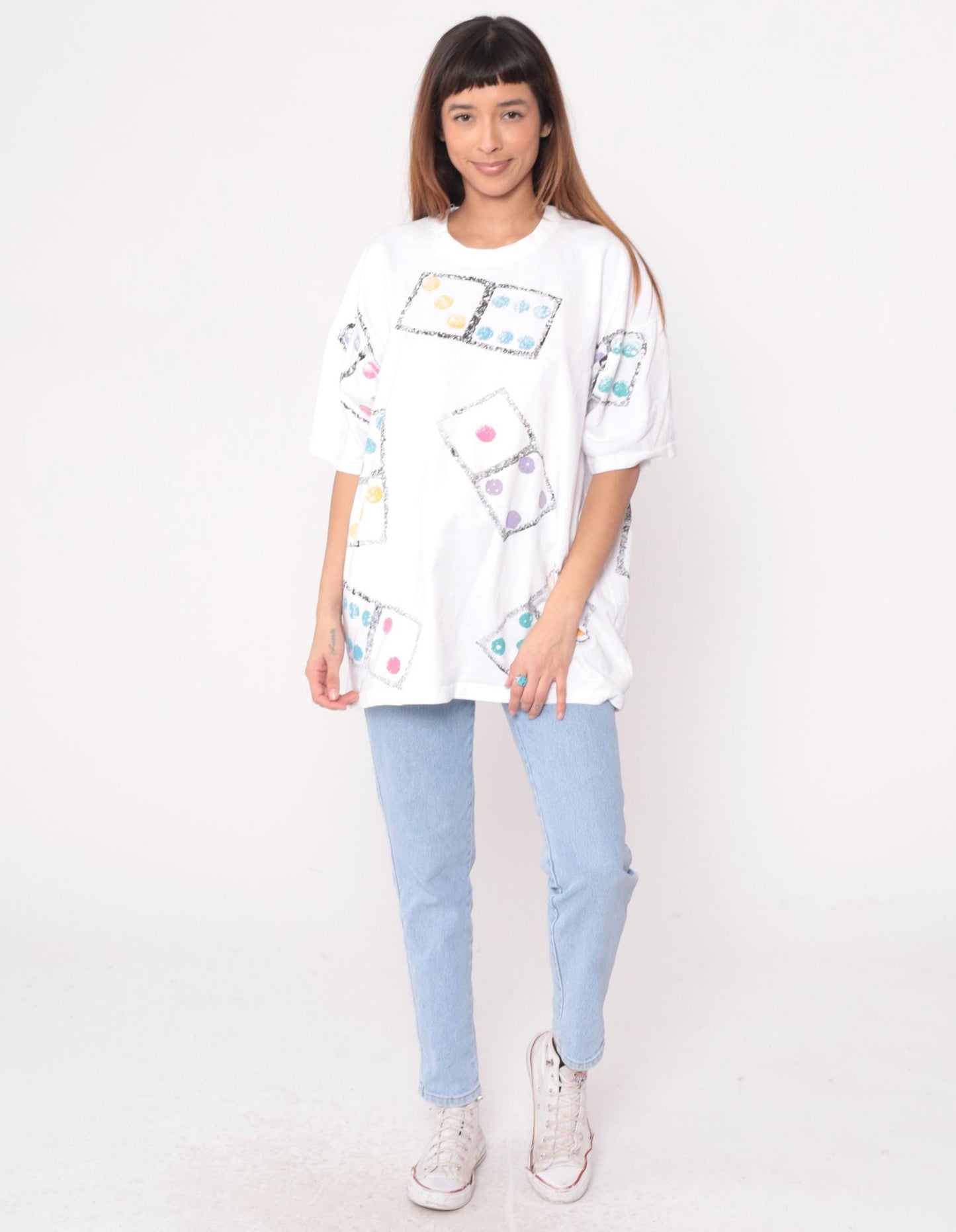90s Dice Print Cotton T-Shirt White Graphic Tee Colorful Dots Large L