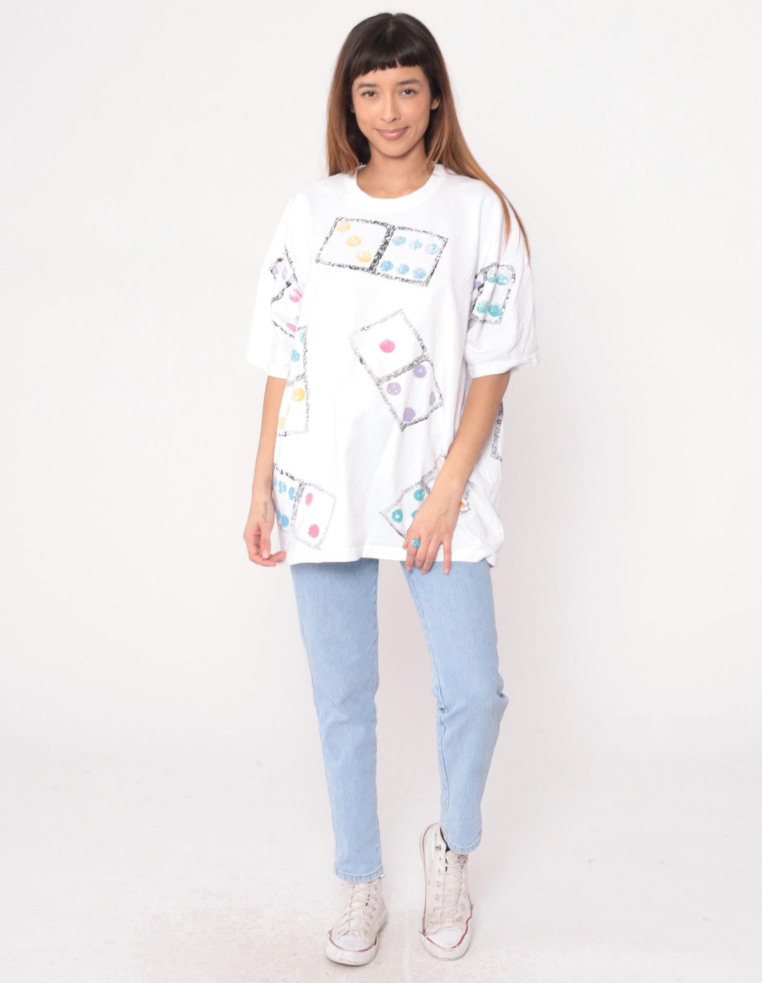 90s Dice Print Cotton T-Shirt White Graphic Tee Colorful Dots Large L