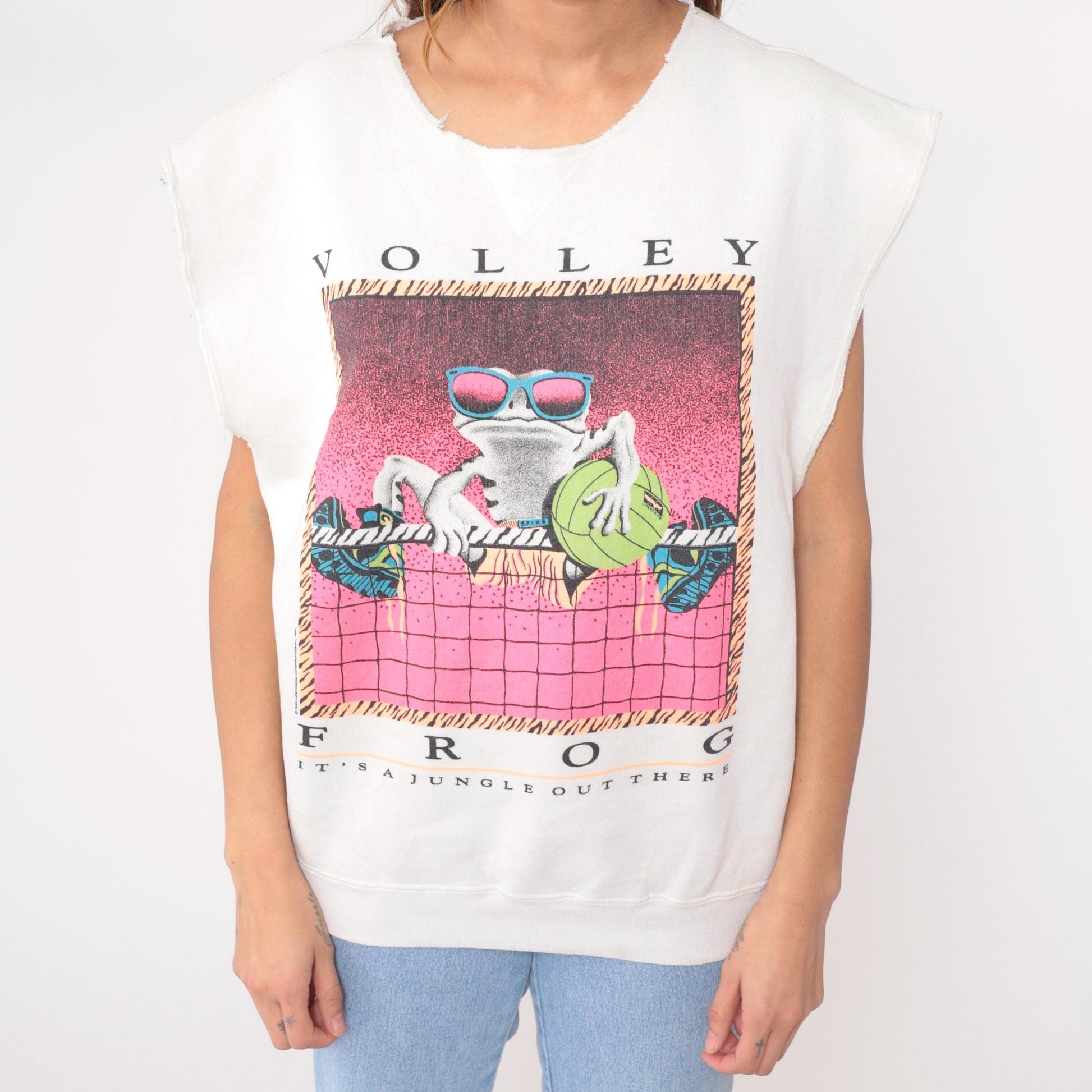 90s Volley Frog Sleeveless Graphic Tee Cream Cotton Crew Neck Large L