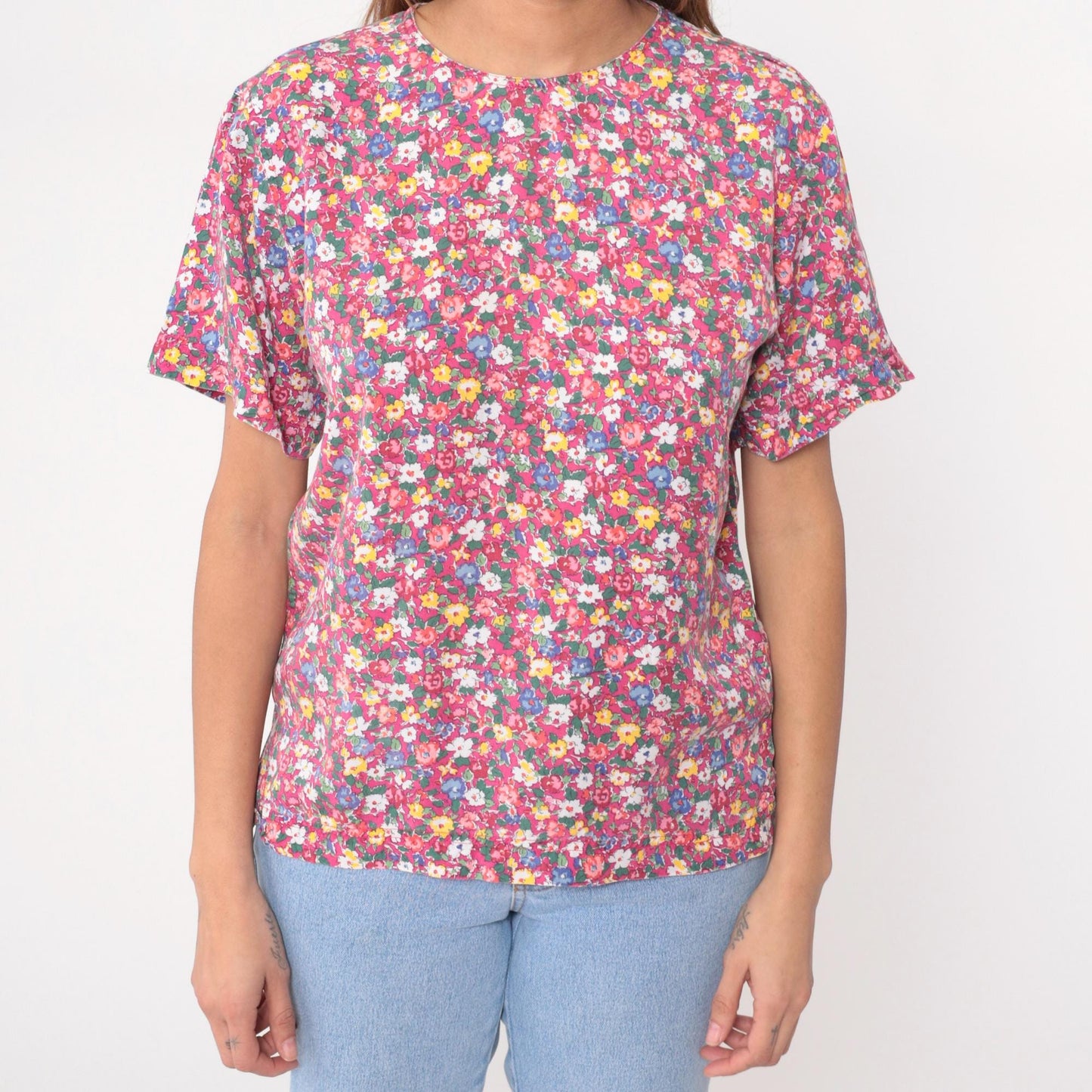 90s Liz Sport Petites Floral Blouse Pink Yellow Blue Rayon Short Sleeve Small S