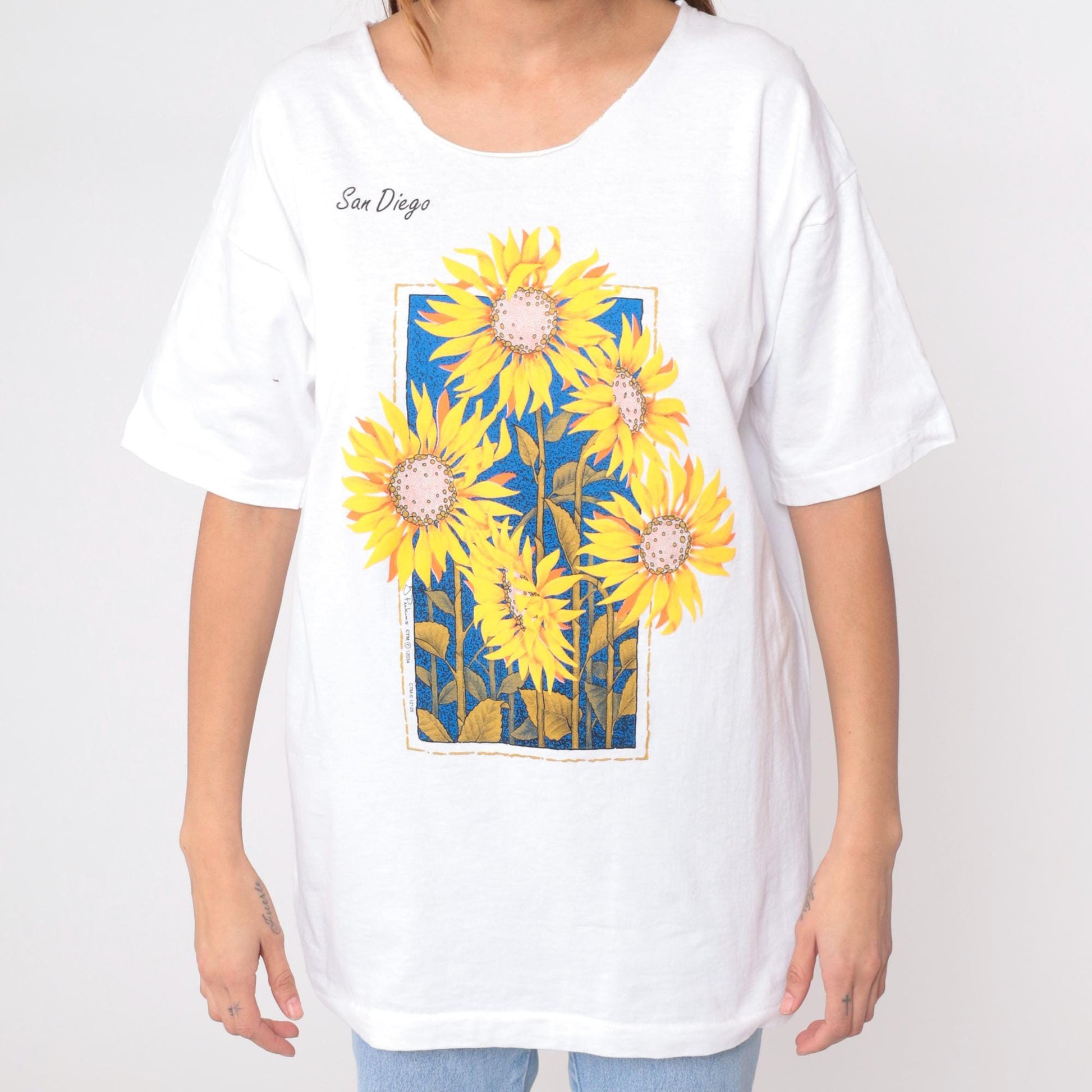 90s San Diego Sunflower Graphic Tee White Cotton T Shirt Large L