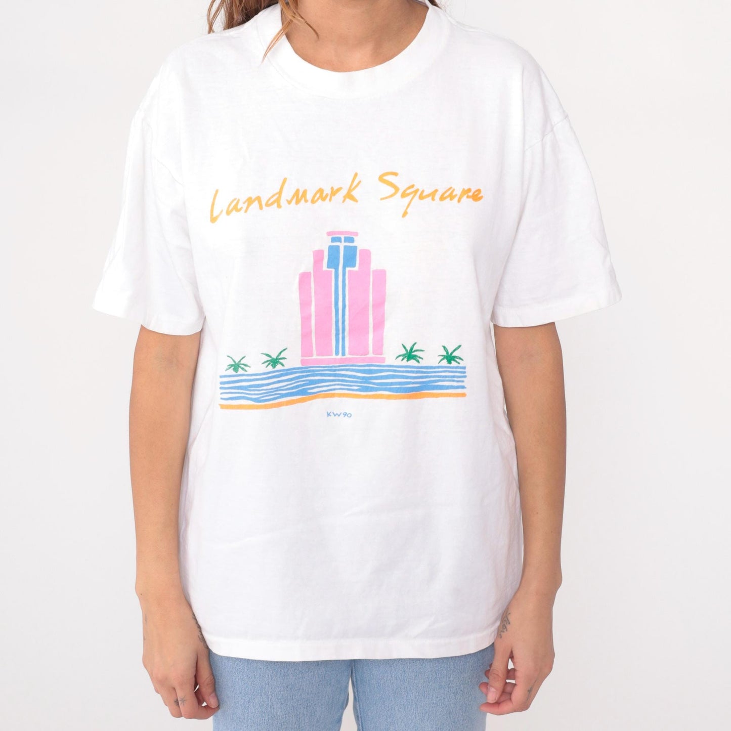 90s Landmark Square Long Beach Graphic Tee White Cotton XL
