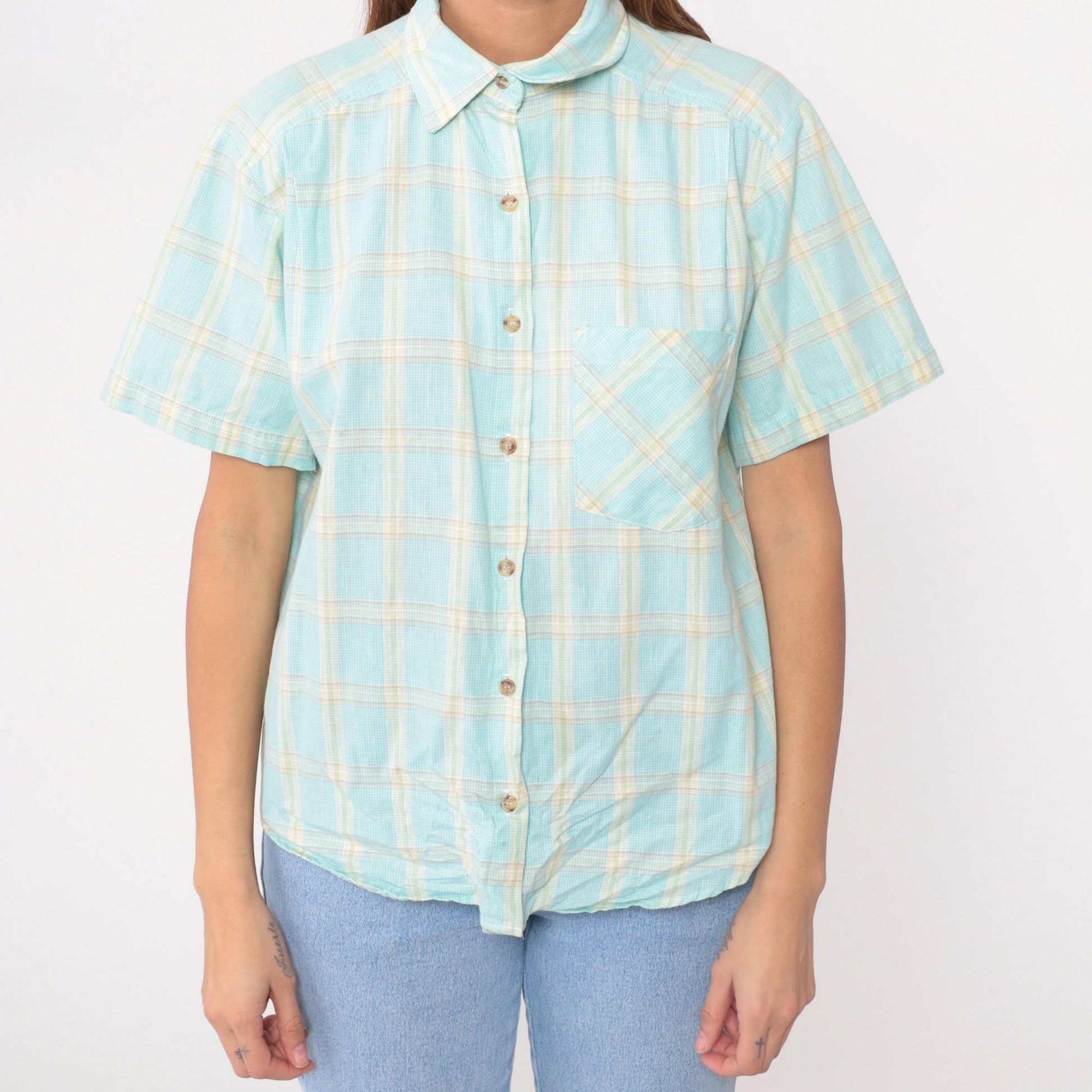90s Pastel Plaid Cotton Button-Up Shirt Pale Blue Soft Yellow Medium M