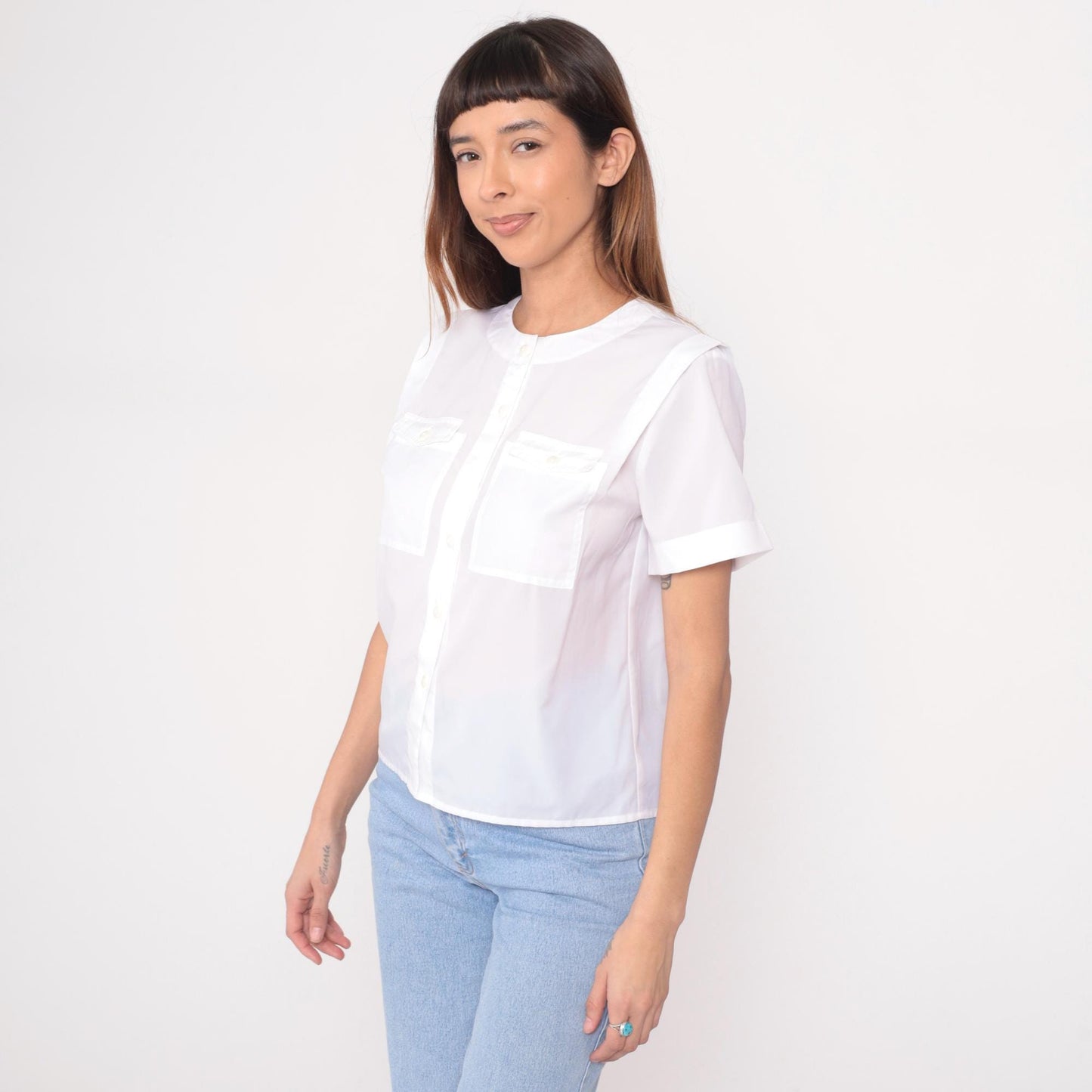 80s White Peter Pan Collar Button-Up Shirt Short Sleeve Medium