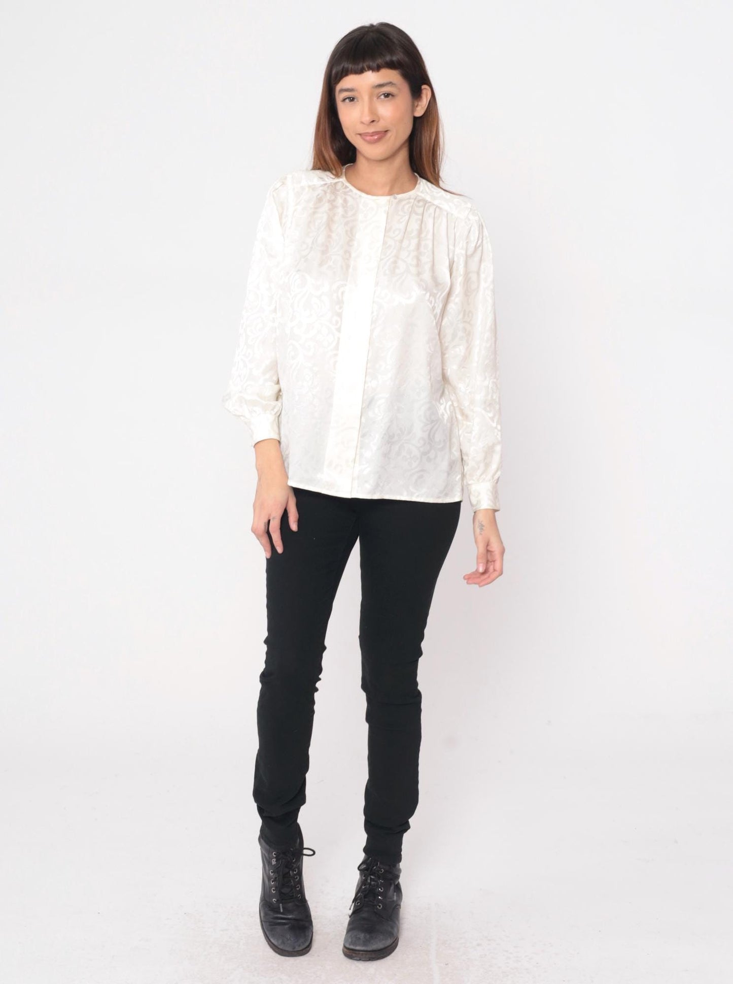 80s Claude Bennet Cream Jacquard Blouse Gathered Shoulders Small