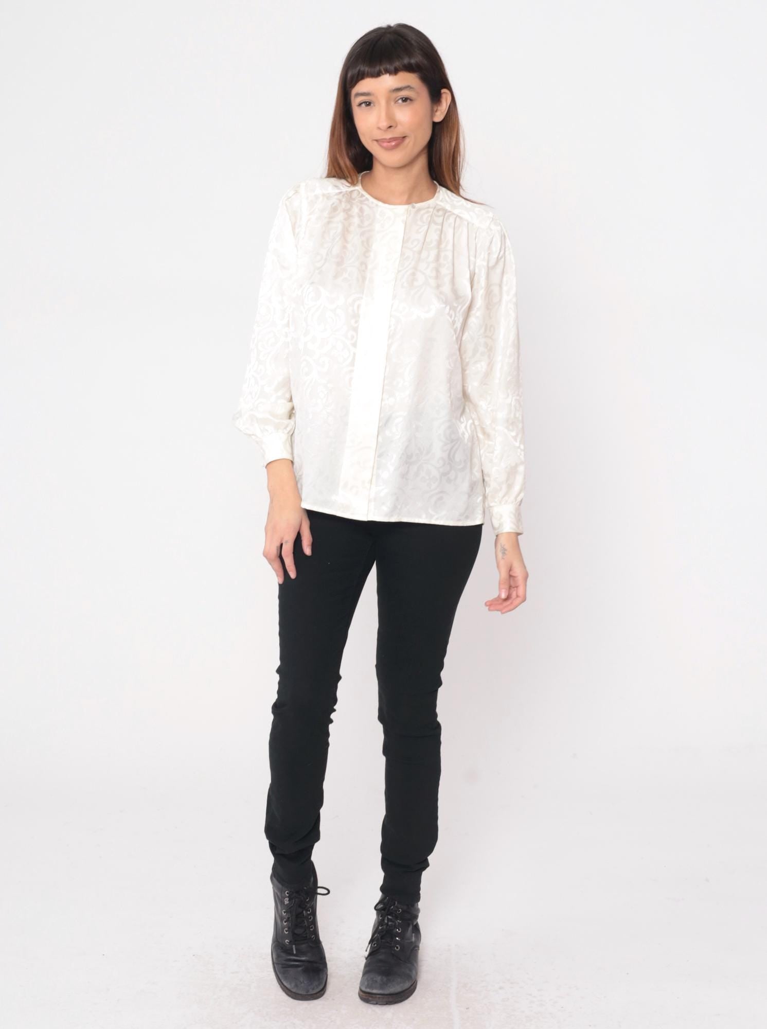 80s Claude Bennet Cream Jacquard Blouse Gathered Shoulders Small