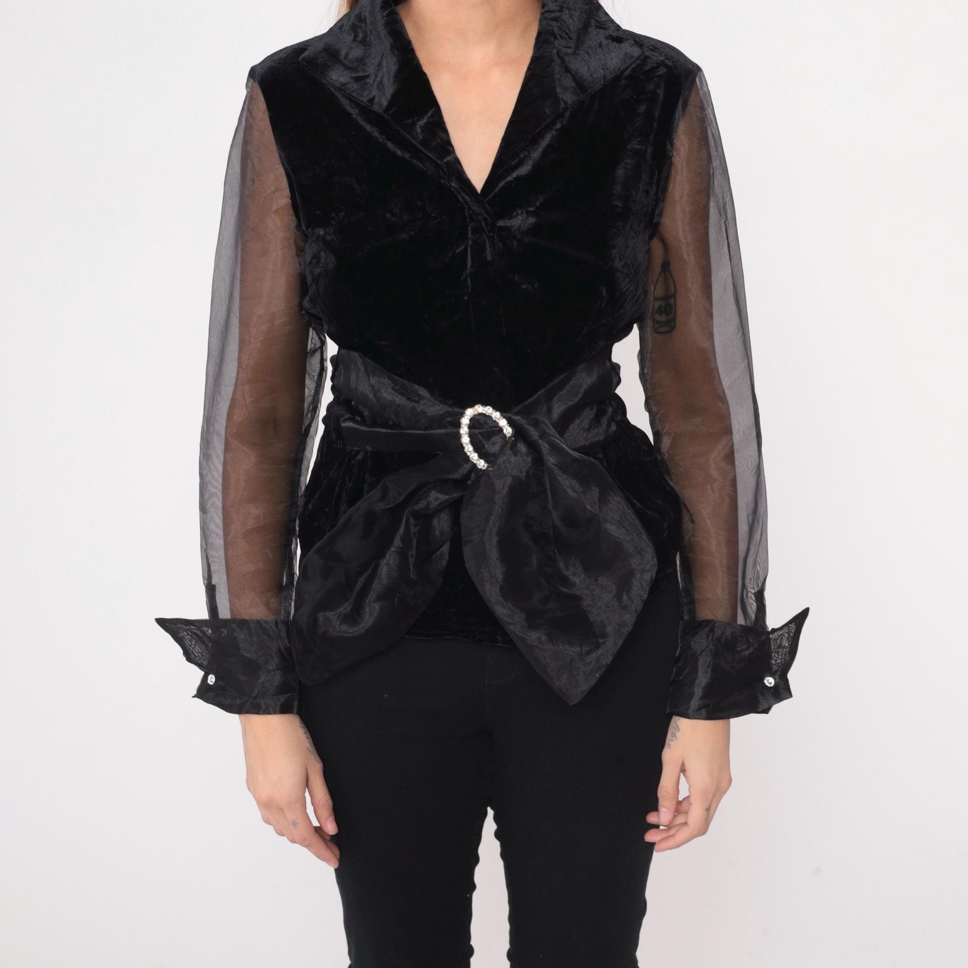 90s Black Crushed Velvet Blouse Sheer Organza Sleeves Tie Waist Medium
