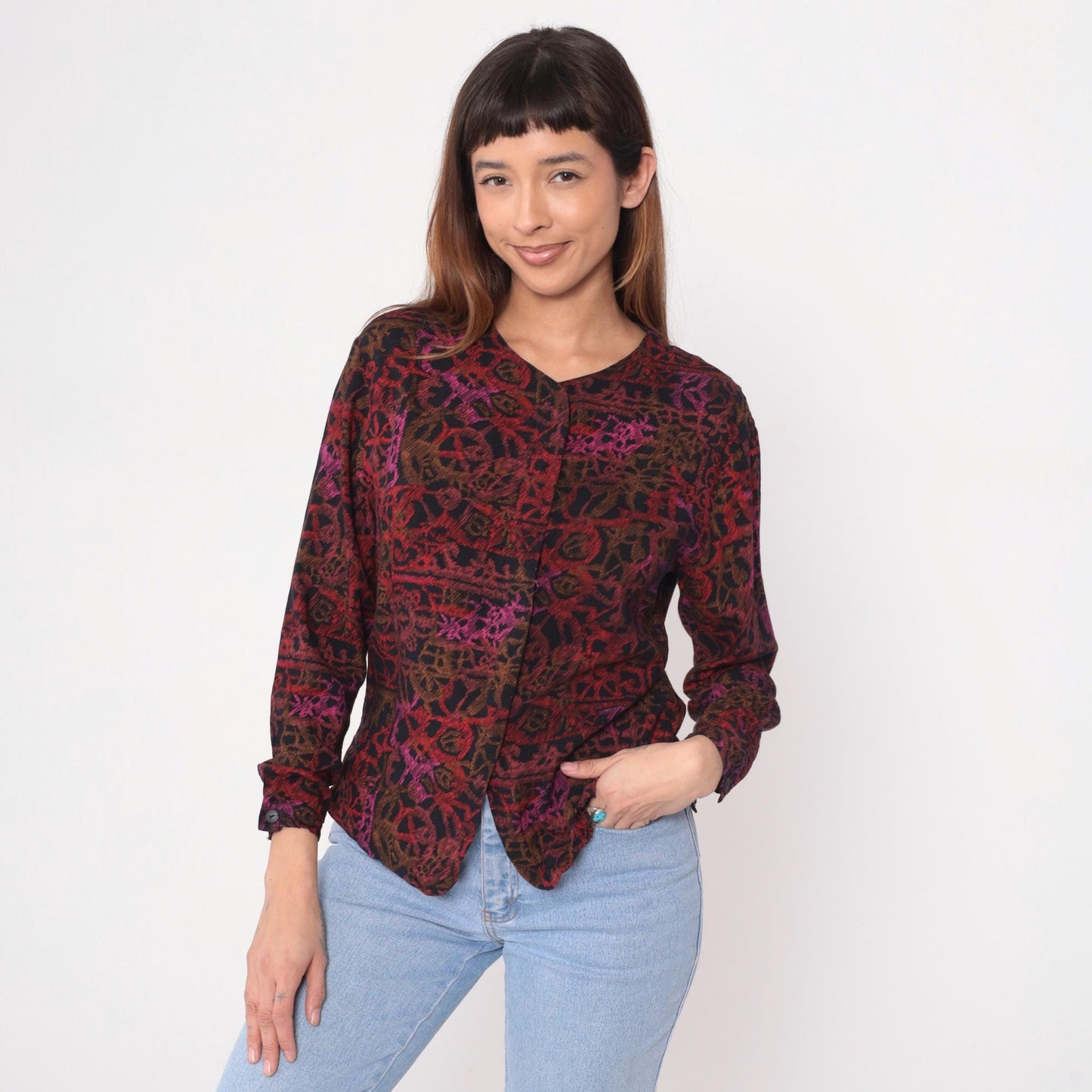90s Melrose Sport Abstract Geometric Blouse V-Neck Burgundy Small S