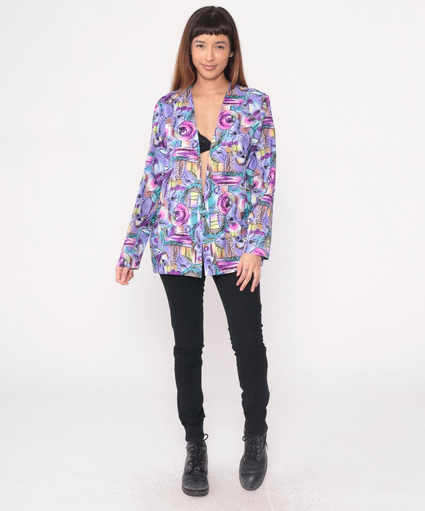 90s Joan Walters Purple Geometric Blazer Open Front Abstract Print Medium