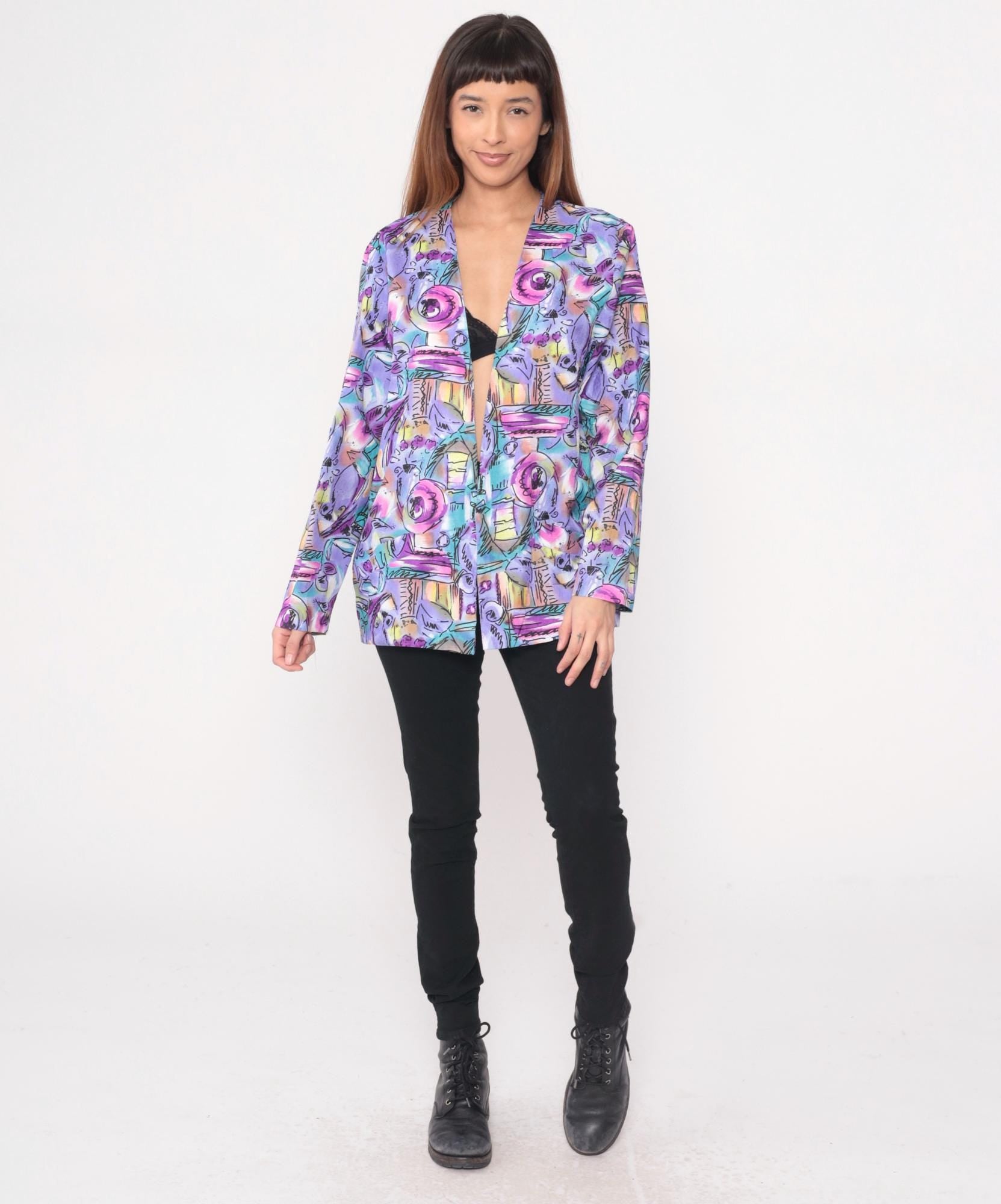 90s Joan Walters Purple Geometric Blazer Open Front Abstract Print Medium