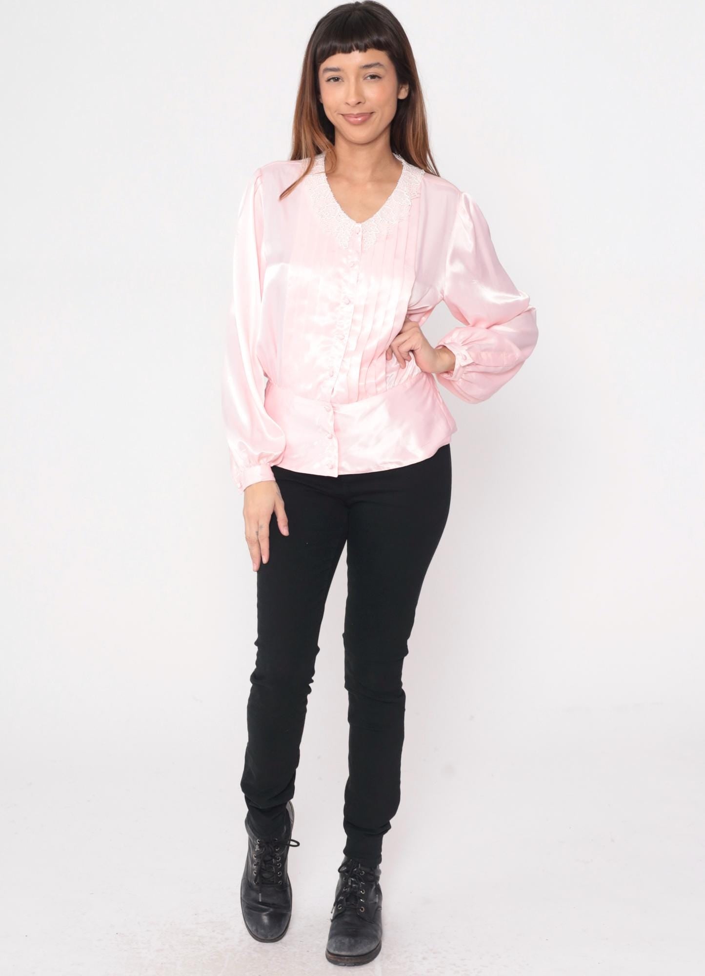 80s Pink Blouse White Lace Collar Pintuck Pleated Button-Up Large L