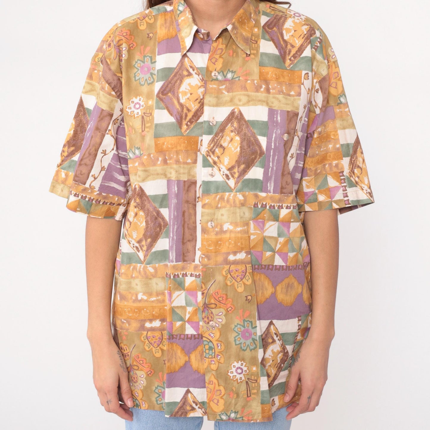 90s Burma Bibas Patchwork Cotton Shirt Geometric Floral Multicolor Medium