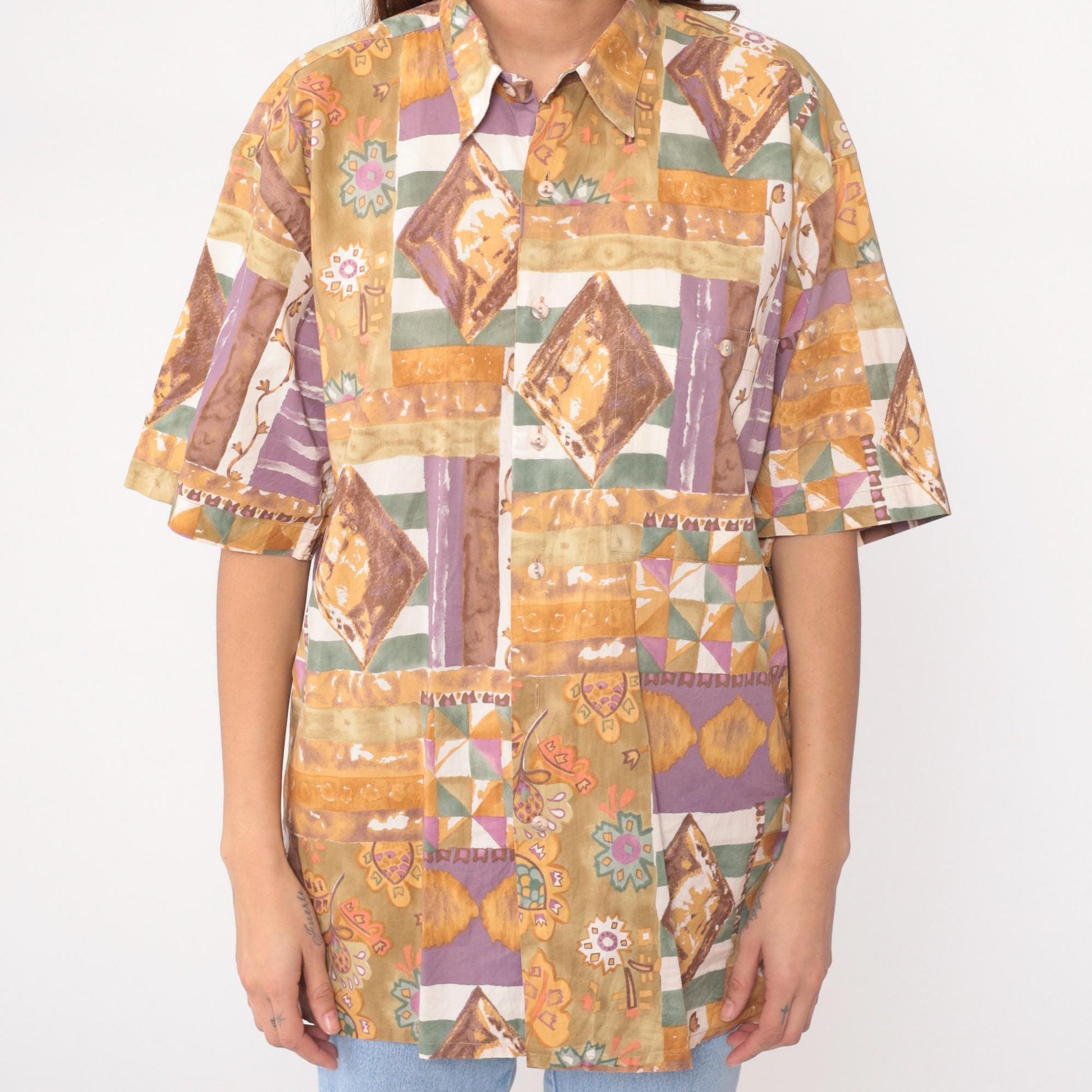90s Burma Bibas Patchwork Cotton Shirt Geometric Floral Multicolor Medium