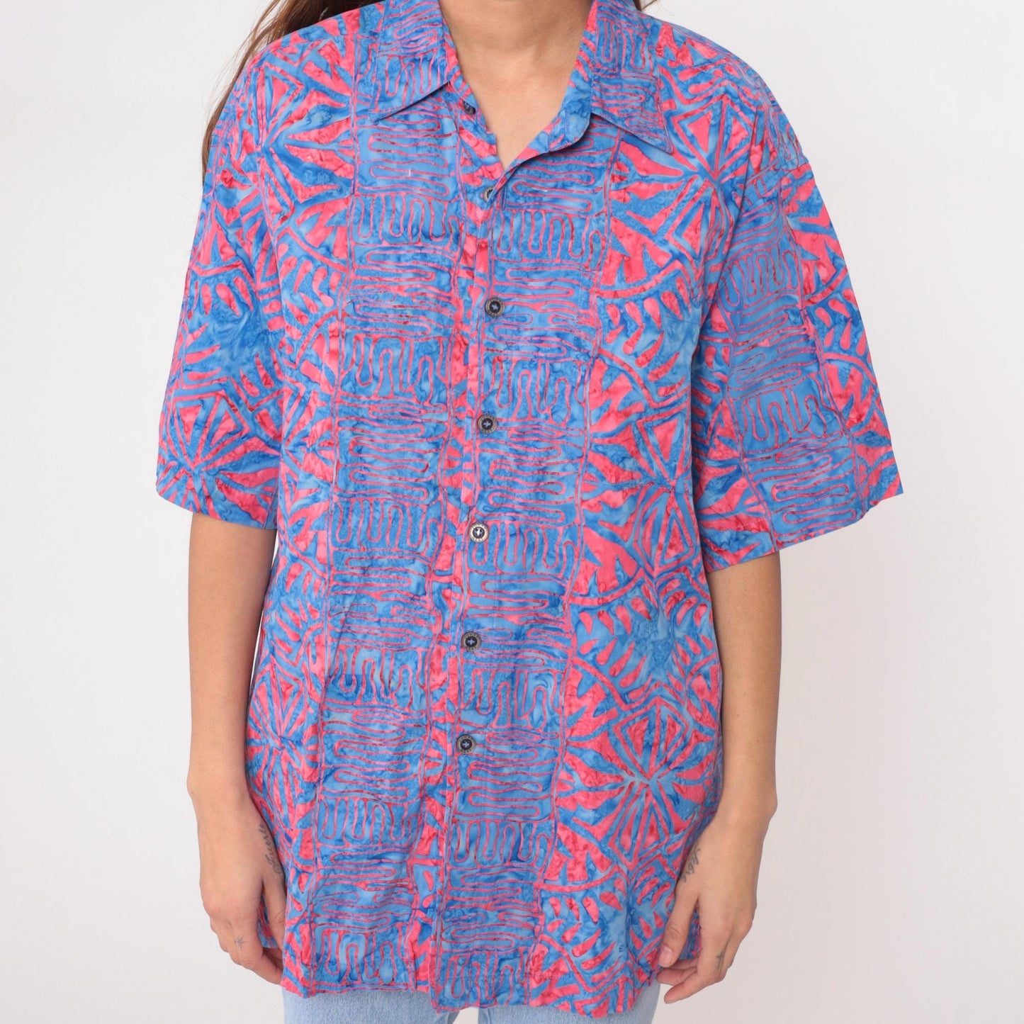 Y2K Johari West Abstract Batik Shirt Cotton Blue Pink Geometric Large L
