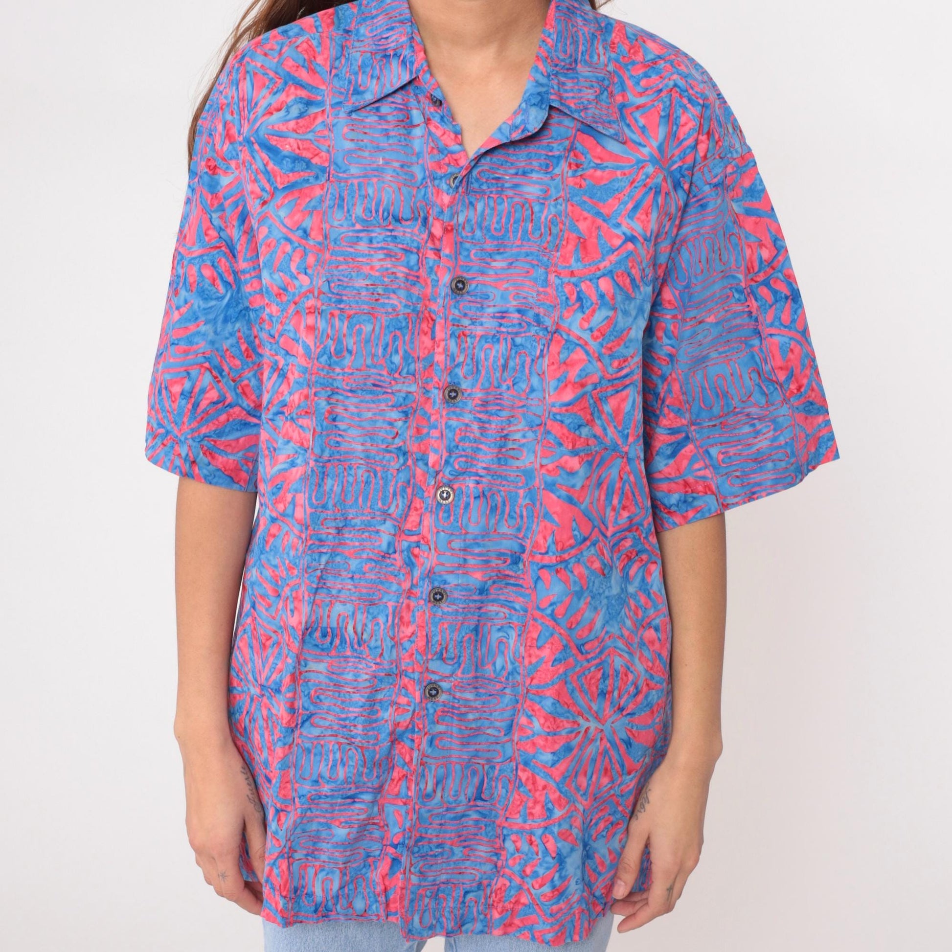 Y2K Johari West Abstract Batik Shirt Cotton Blue Pink Geometric Large L
