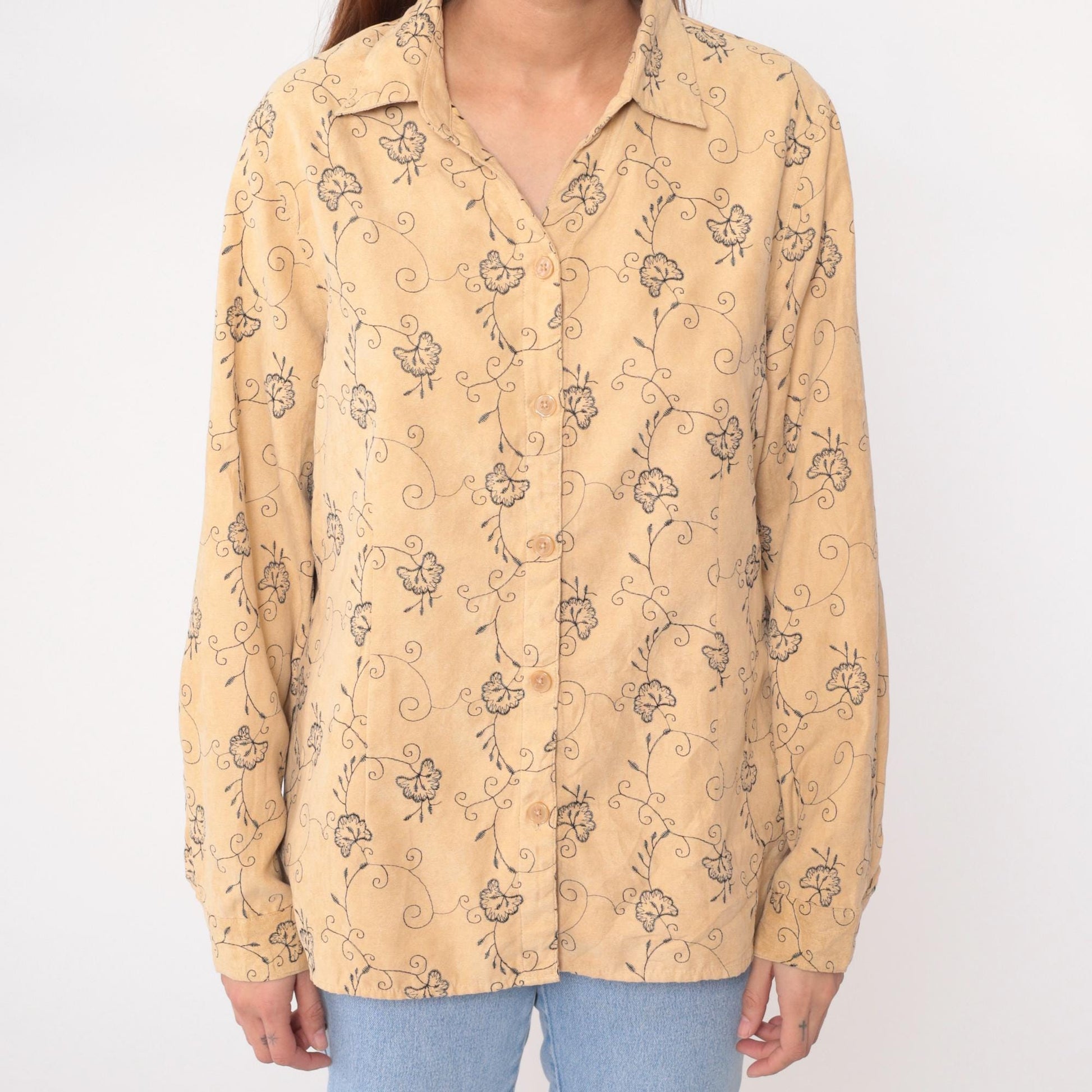 90s Sag Harbor Floral Embroidered Blouse Cream Long Sleeve Collared Large L