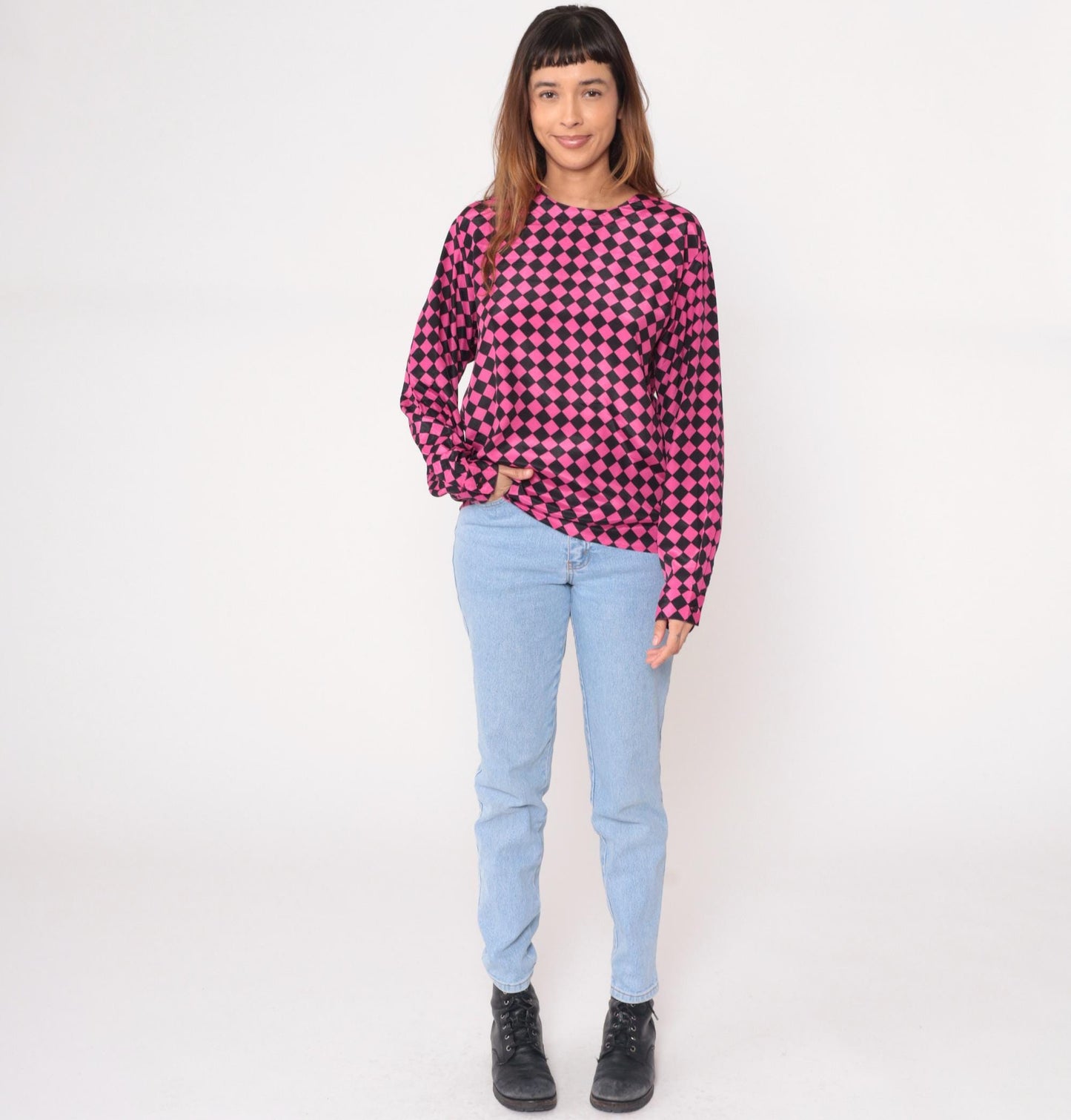 90s Checkerboard Blouse Pink Black Diamond Pattern Keyhole Back Large