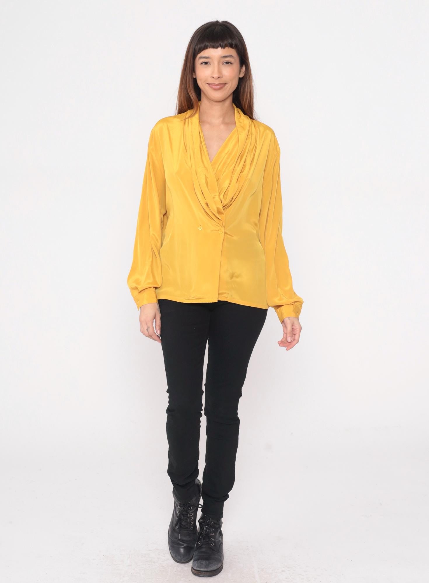 90s Impressions Golden Yellow Wrap Blouse Surplice Neckline Long Sleeve Large L