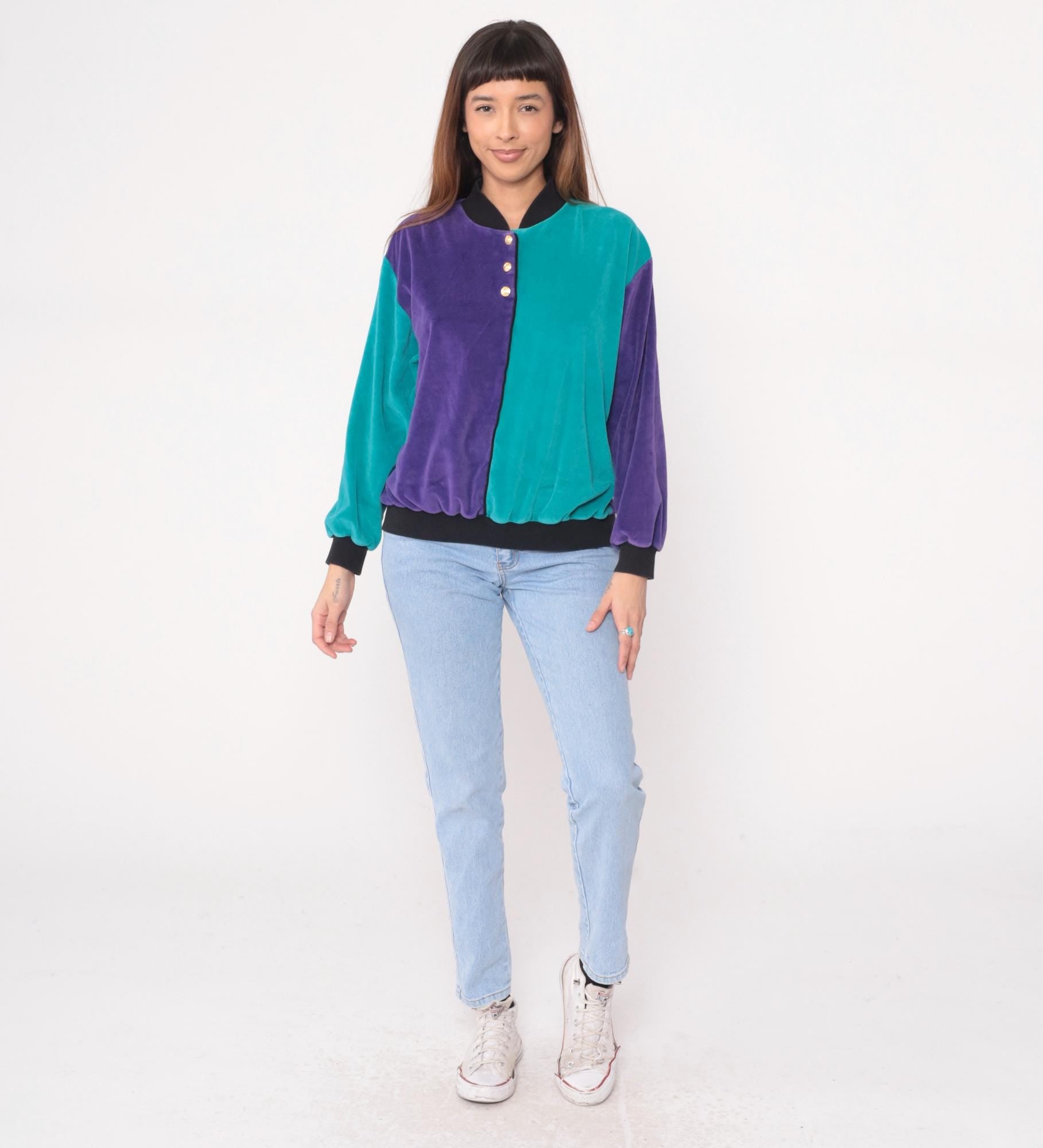 80s Terrycloth Colorblock Bomber Jacket Purple Teal Gold Buttons Medium