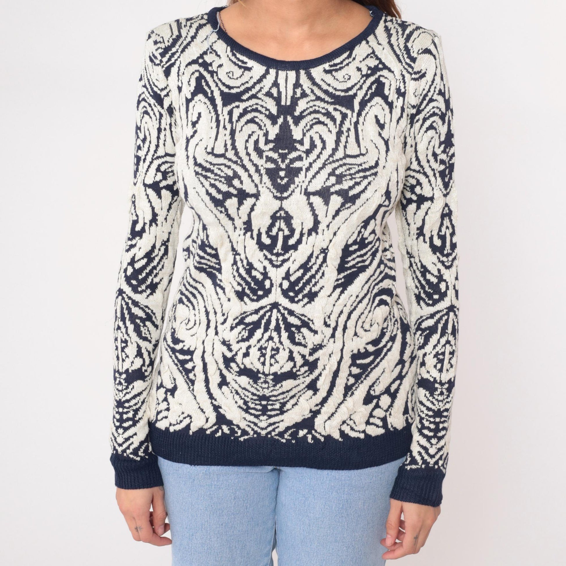90s Navy Cream Damask Knit Sweater Crew Neck Pullover Medium