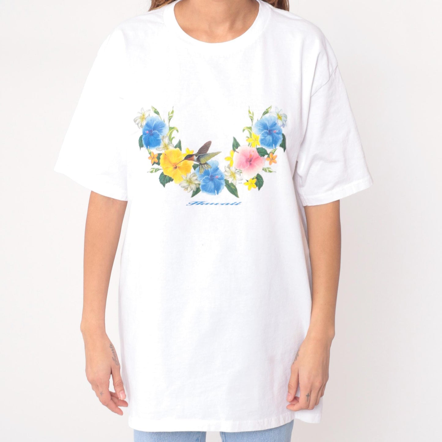 Y2K Wrangler Hawaiian Floral Graphic Tee White Cotton Hummingbird Large L