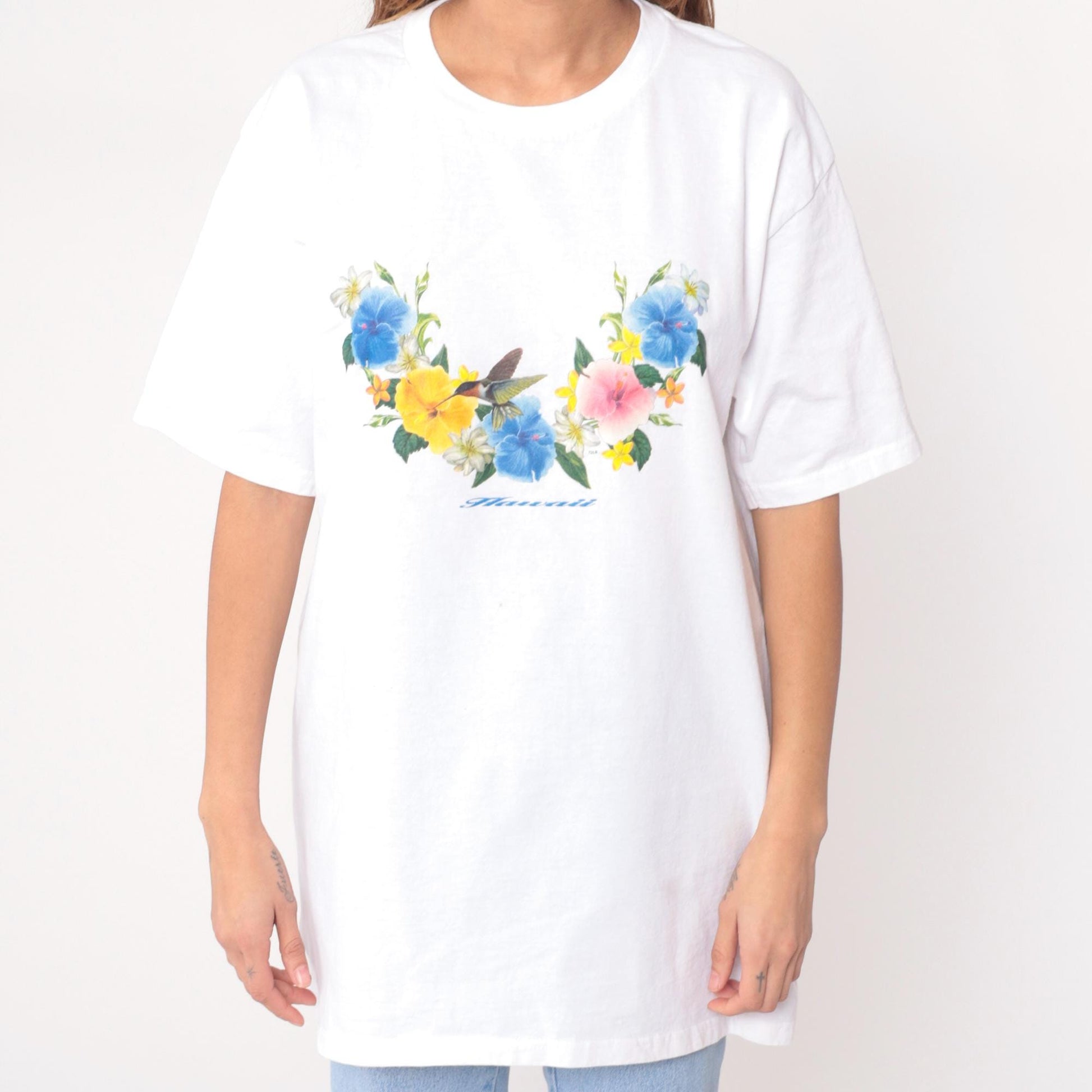 Y2K Wrangler Hawaiian Floral Graphic Tee White Cotton Hummingbird Large L