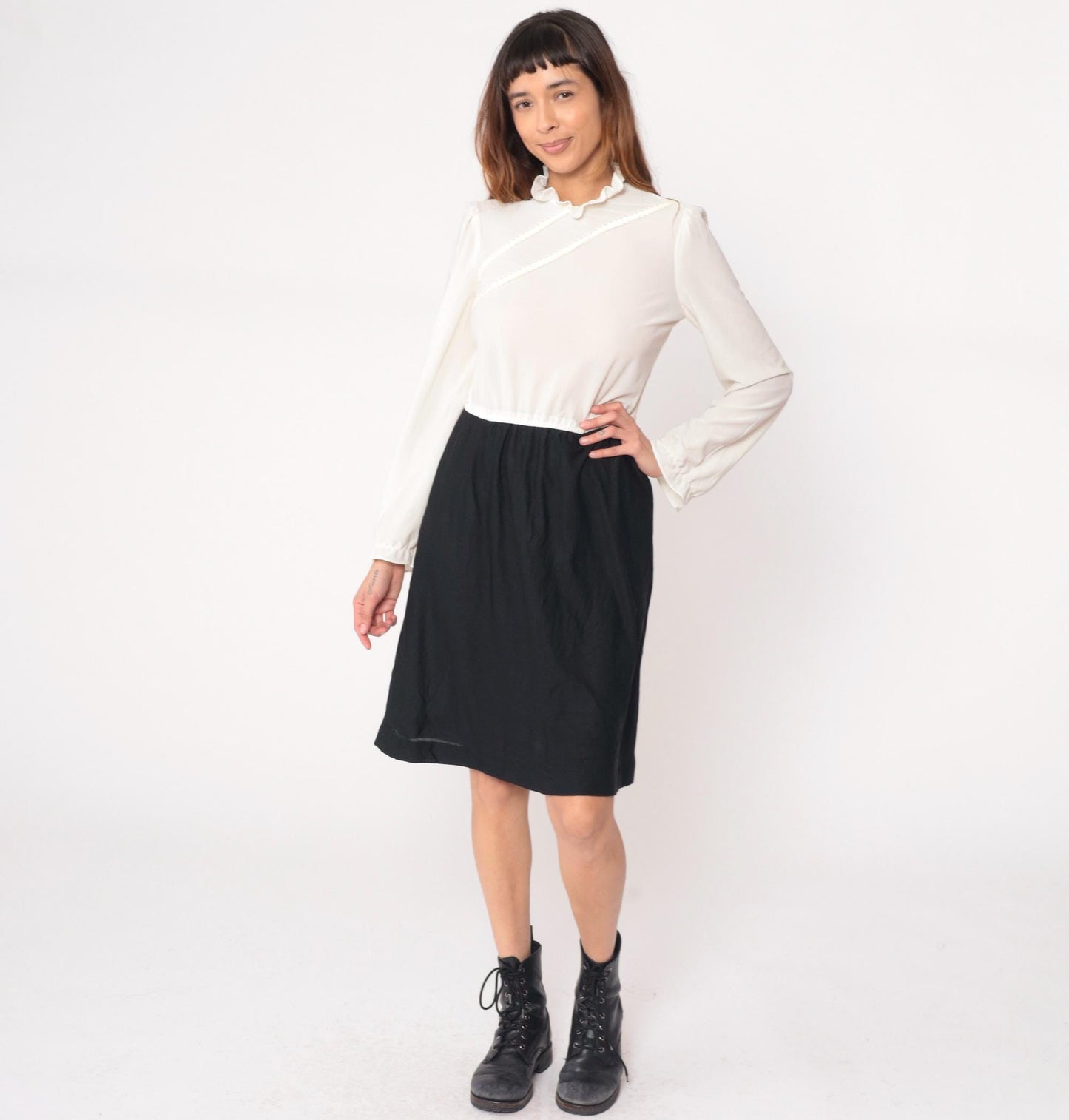 70s Jerell of Texas Black White Color-Block Dress Long Sleeve Ruffled Collar Large L