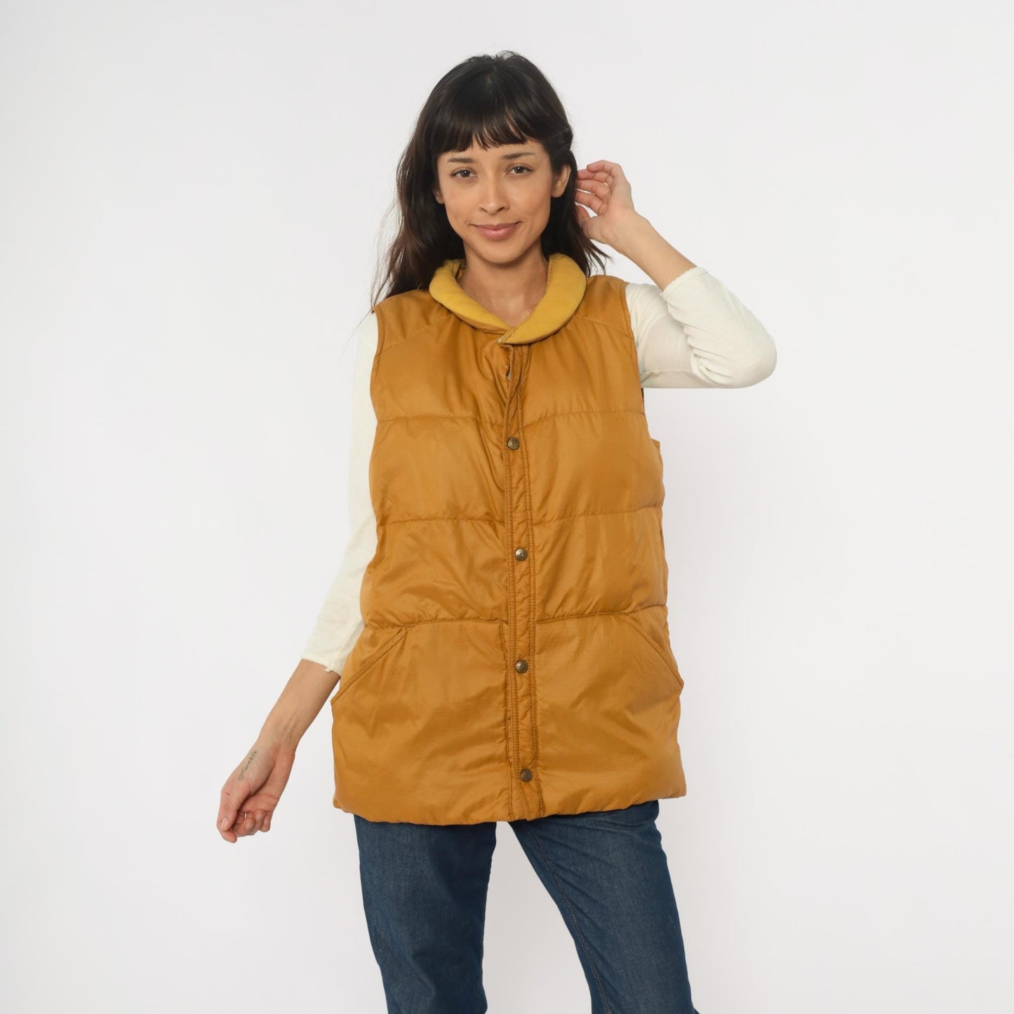 80s Eddie Bauer Down Vest Mustard Yellow Quilted Snap Front Large L