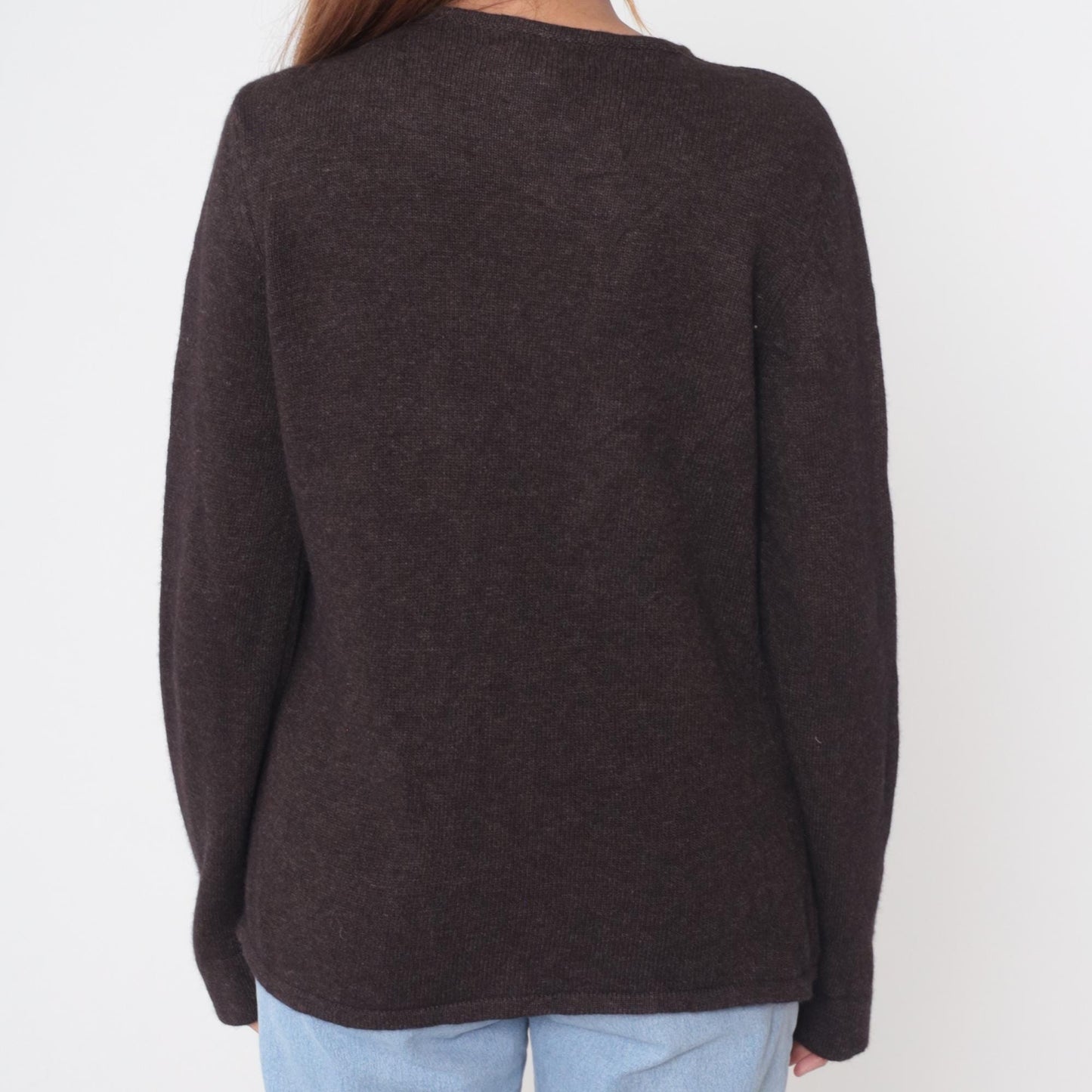 Y2K Brown Merino Wool V-Neck Sweater Lace-Up Embroidered Tie Front Large L