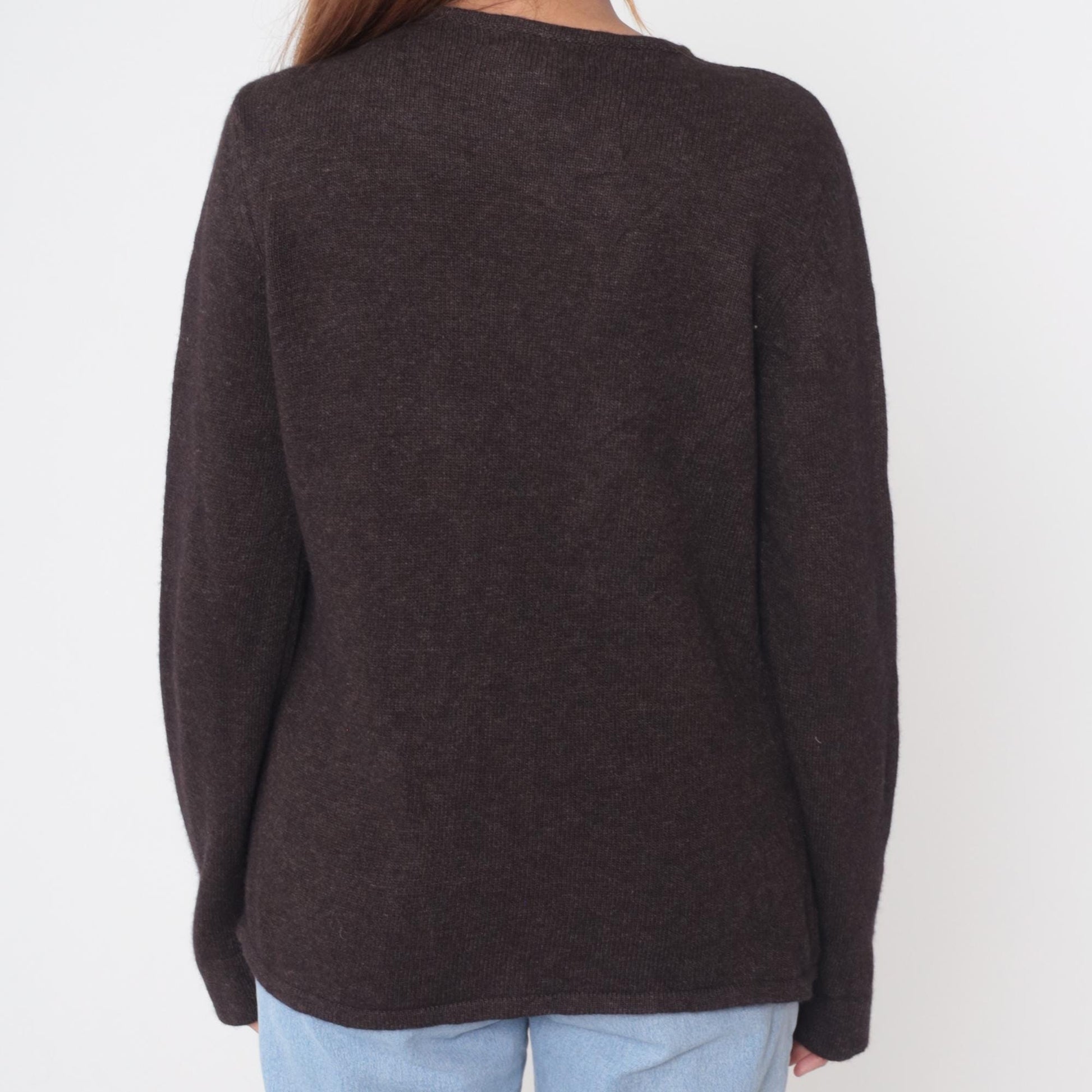 Y2K Brown Merino Wool V-Neck Sweater Lace-Up Embroidered Tie Front Large L