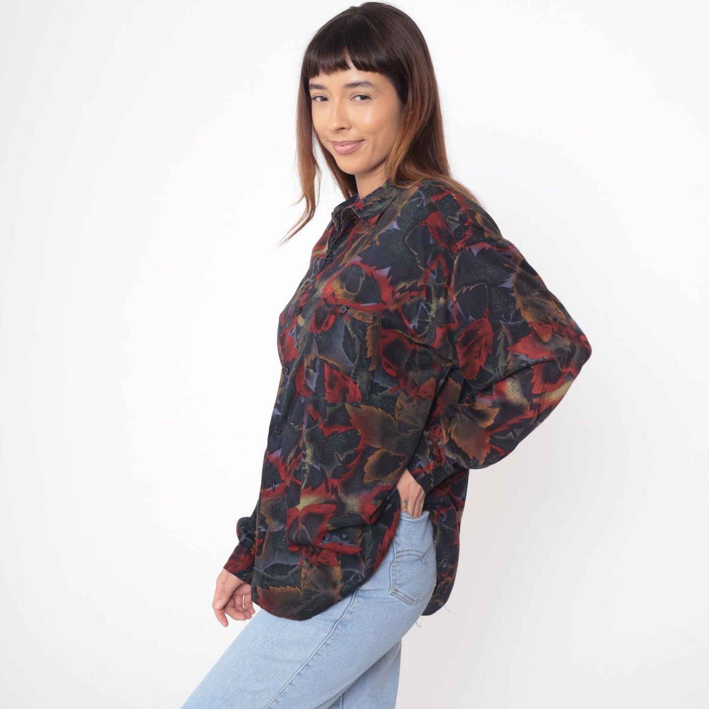 90s Jazzman Sportswear Leaf Print Button-Up Blouse Long Sleeve Multicolor Extra Large XXL