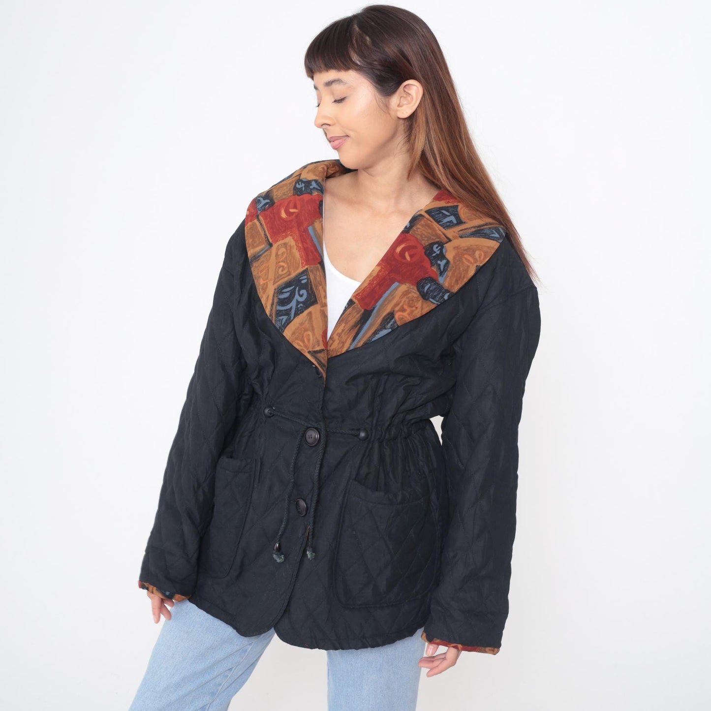 90s Quilted Jacket Black Button Front Geometric Print Collar Lining Large