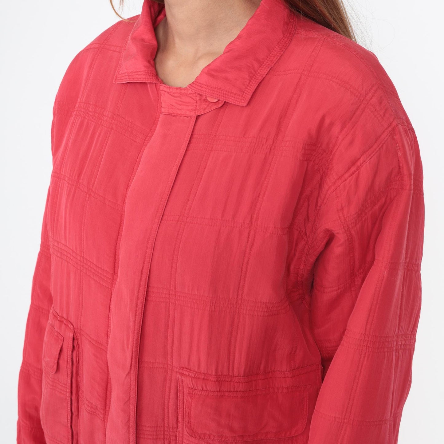 90s Javon Red Silk Bomber Jacket Quilted Zip Front Medium M