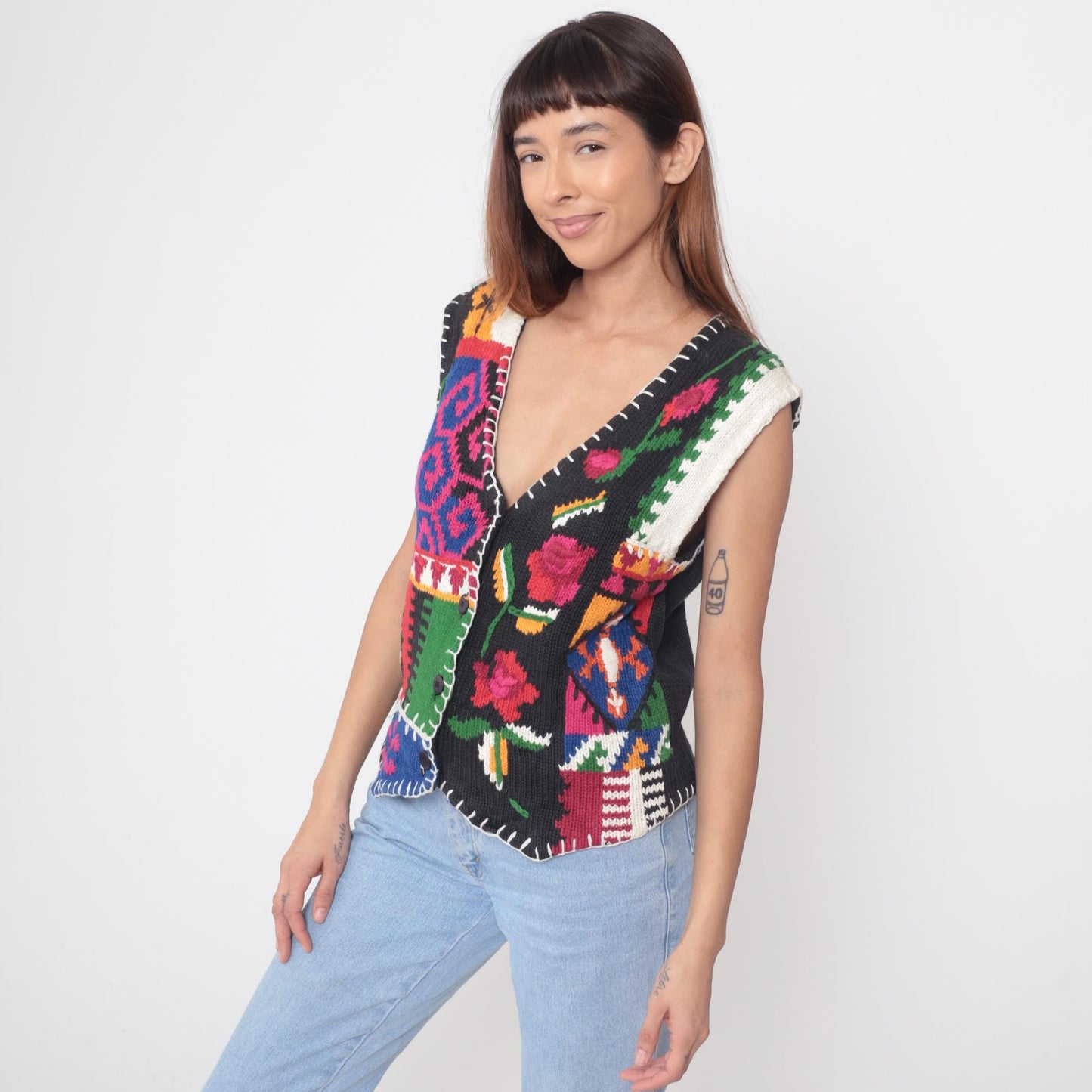 90s Pendleton Patchwork Vest Multicolor Geometric Floral Deep V-Neck Small
