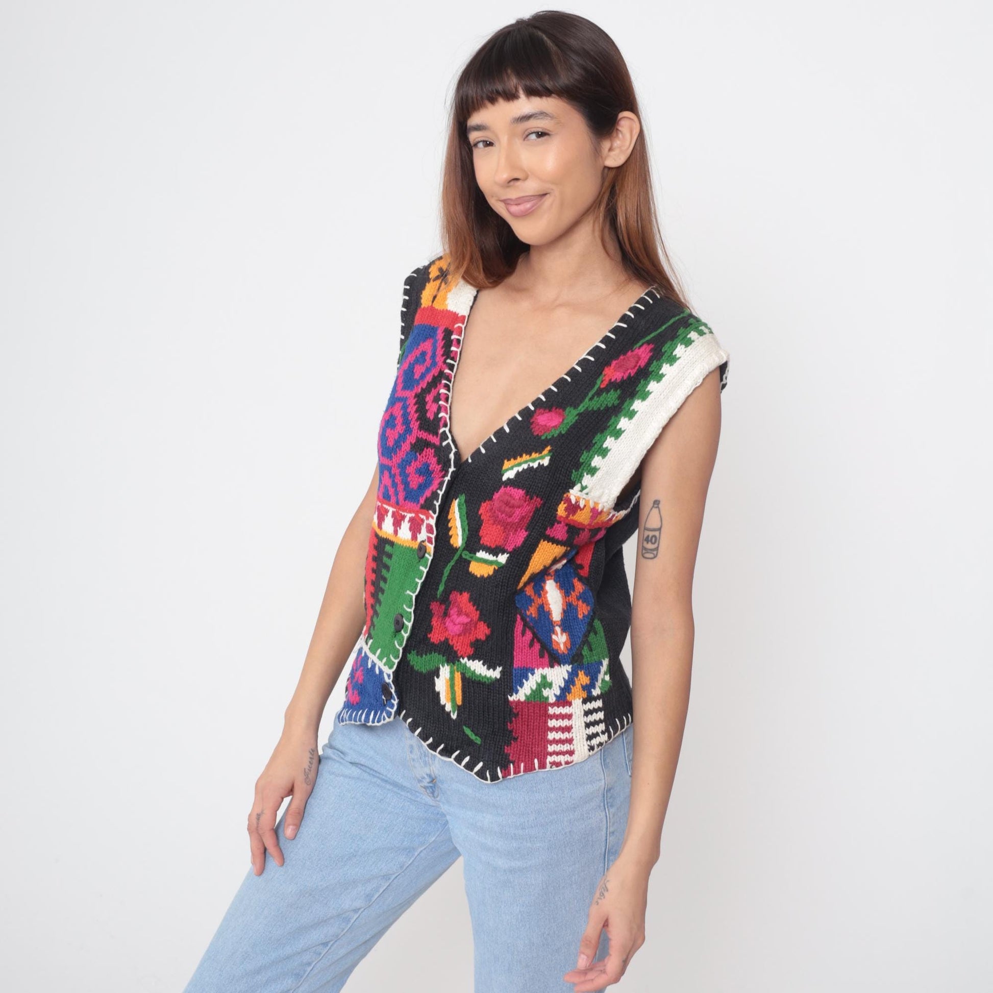 90s Pendleton Patchwork Vest Multicolor Geometric Floral Deep V-Neck Small